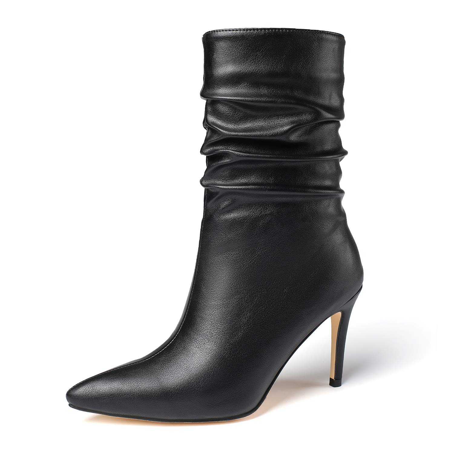 vivianly Womens Pointed Toe Heel Boots Stiletto Heels Mid-Calf Boots Zipper Booties