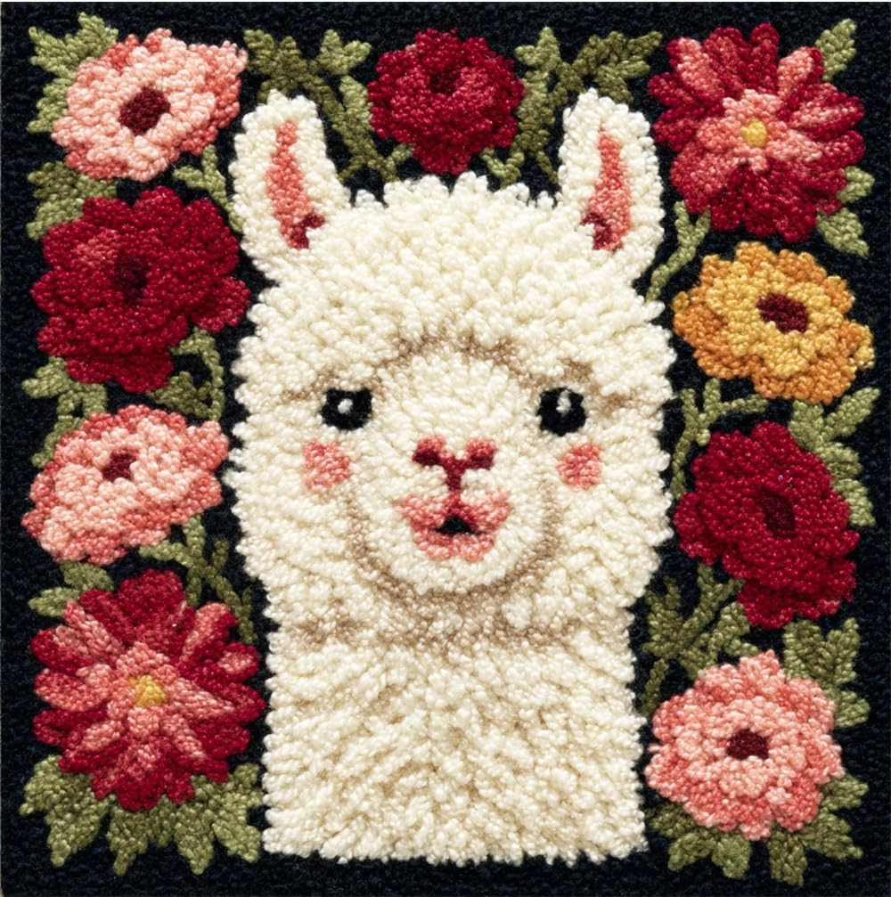 FWRTYCB Latch Hook Pillow Kit,Alpaca and Flowers DIY Needlework Pillow Cov