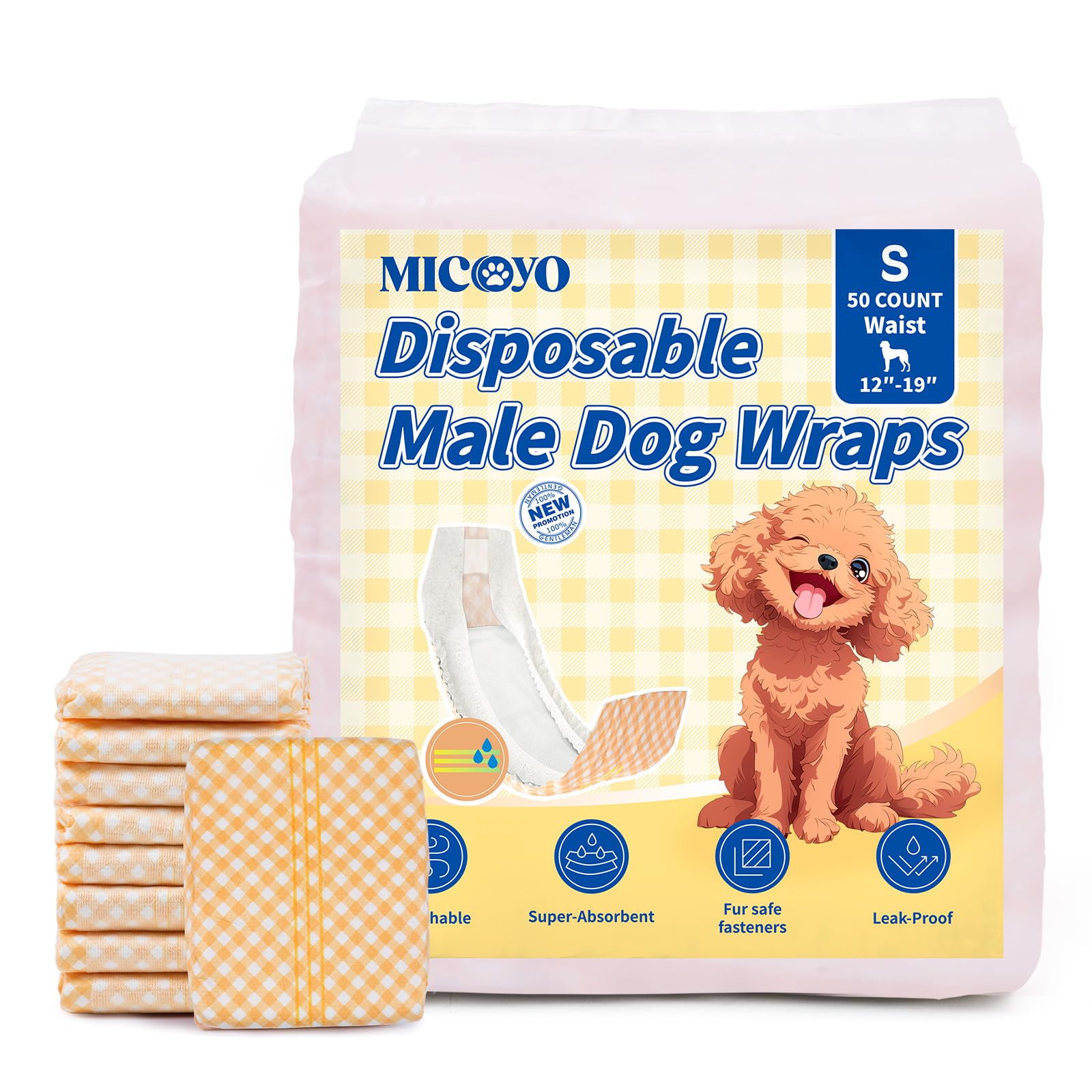 MICOOYO - Pannolini usa e getta per cani maschi – Pannolini ad alta assorbenza per incontinenza con indicatore di umidità (S, confezione da 50)