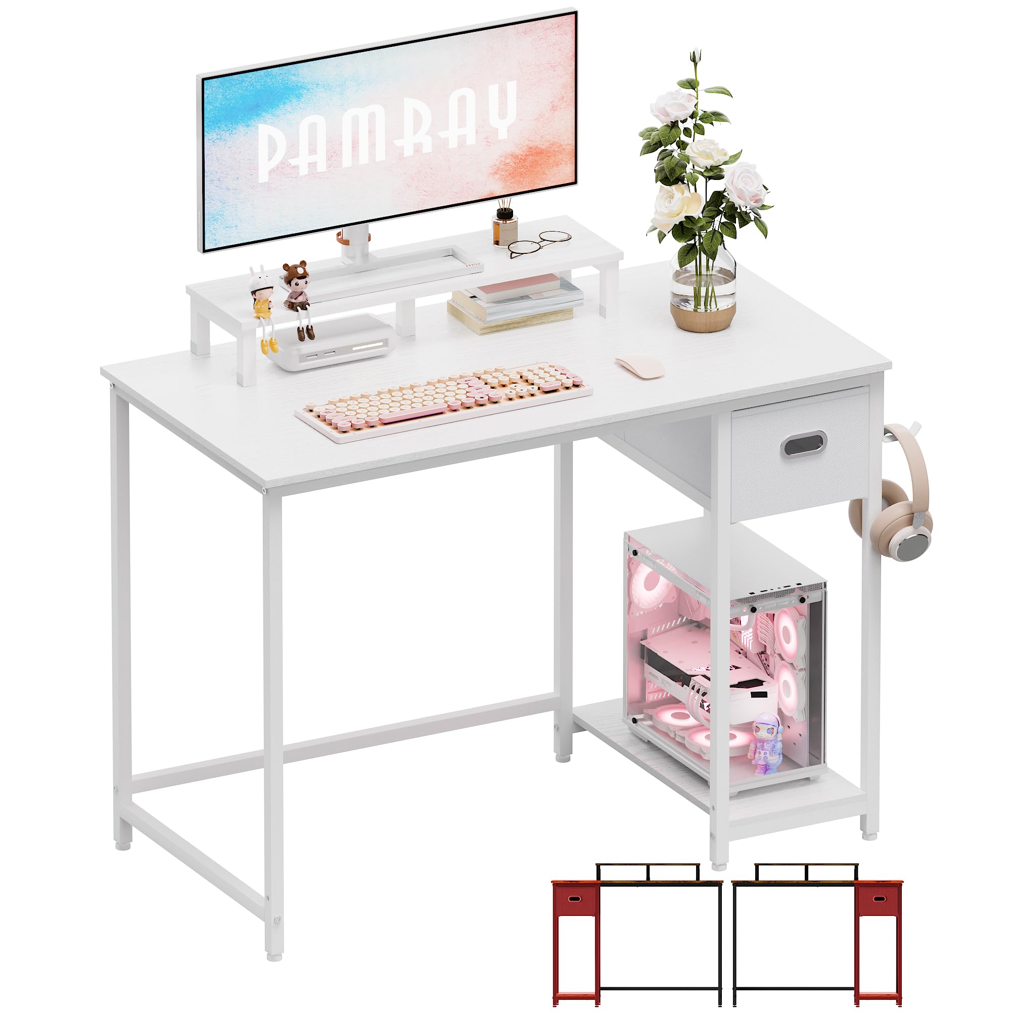 Pamray 39 Inch Computer Desk with Monitor Stand Small Home Office Desks with Non-Woven Storage Drawer for Bedroom Study Table Writing and Work Desk White,White Leg
