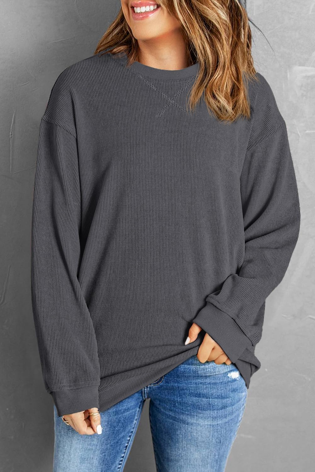 Womens Sweatshirts Casual Cored Corduroy Pullover Tops Oversized Long Sleeve Crewneck Shirts - Image 4