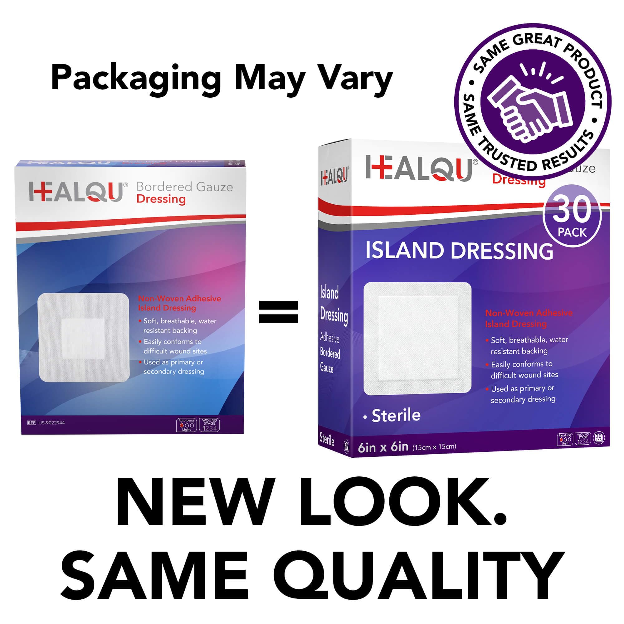 HEALQU Island Dressing - 6"x6", 30 Count - Bordered Gauze Sterile Individually Wrapped Gauze Pads, Water-Resistant, Non-Woven Backing - Soft and Breathable Wound Dressing for First Aid and Medical — Amazon image 2