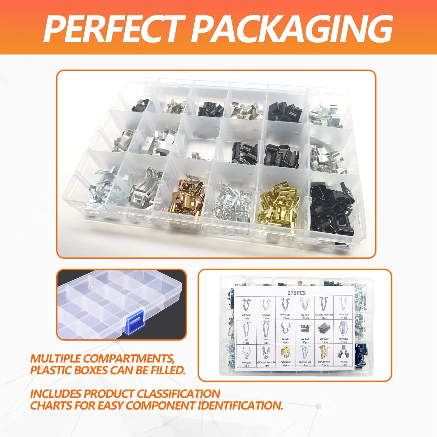 270Pcs 18 Sizes Auto Car U-Clip Metal Trim Panel Spring Clip Trim Moulding Clip Kit 4A0-867-276A Compatible with VW Audi