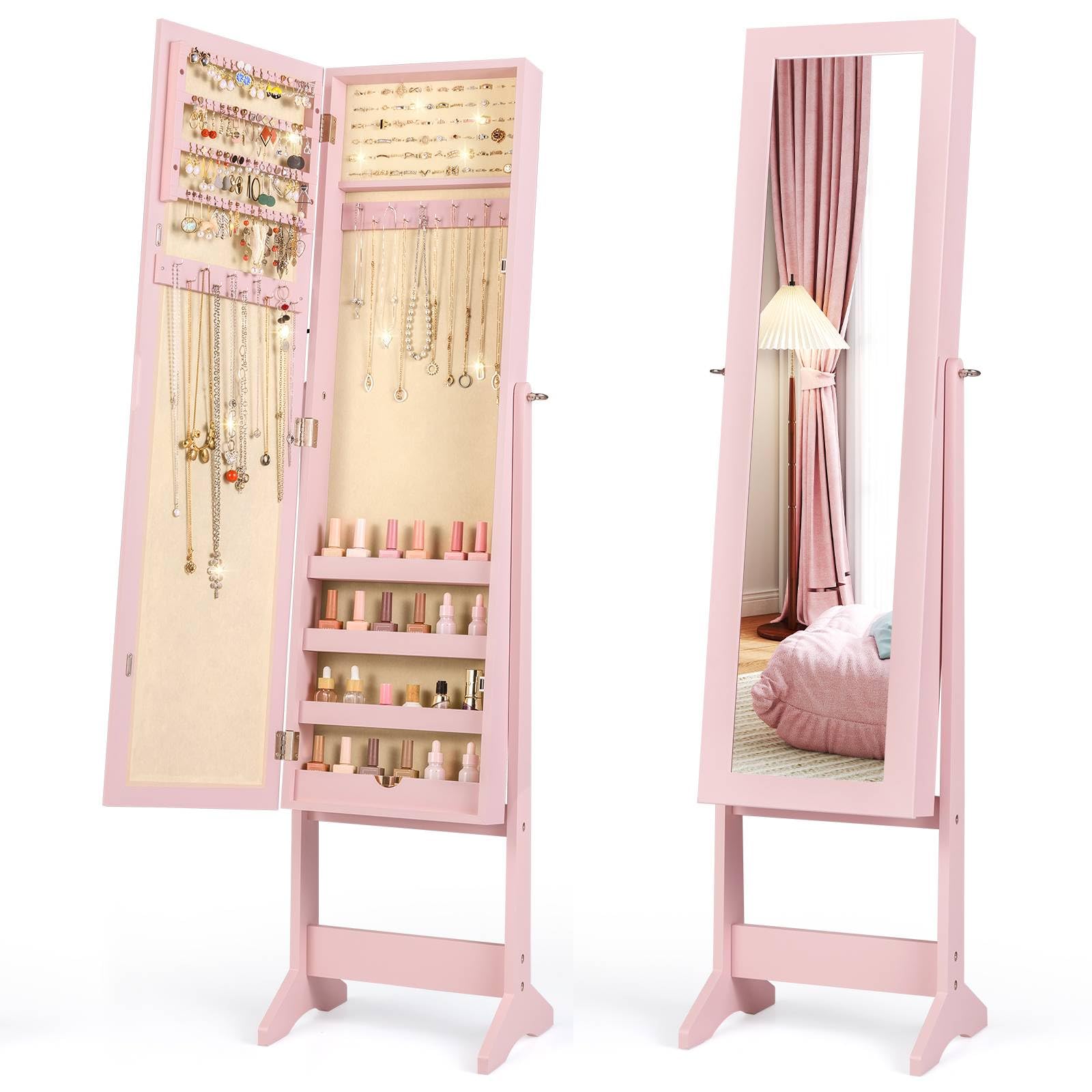 Multigot 2-in-1 Jewellery Cabinet, 3-Angle Adjustable Freestanding Jewellery Armoire with Full-Length Mirror, Mirrored Makeup Cosmetic Storage Organizer for Dressing Room Bedroom (Pink)