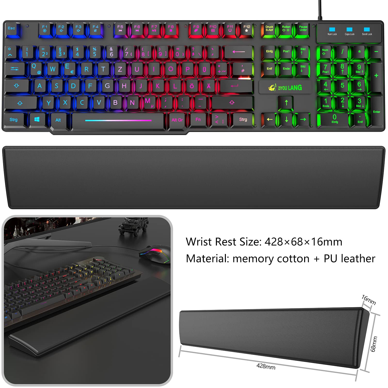 Tastiera e Mouse da Gioco con Poggiapolsi, Layout Tedesco QWERTZ Gaming Tastiera Retroilluminato LED Colore Arcobaleno, Mouse 6 Tasti 2400 DPI e Tappetino per Mouse, USB Cablato per PS4 XBox, Nero