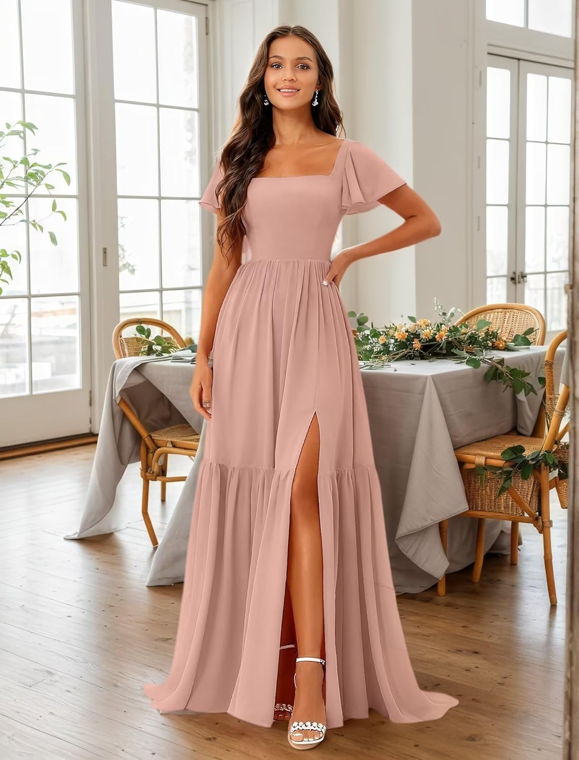 Chiffon Bridesmaid Dresses Square Neck Mother of Bride Gowns Thigh Slit Formal Prom Evening Dress with Sleeves - Image 4