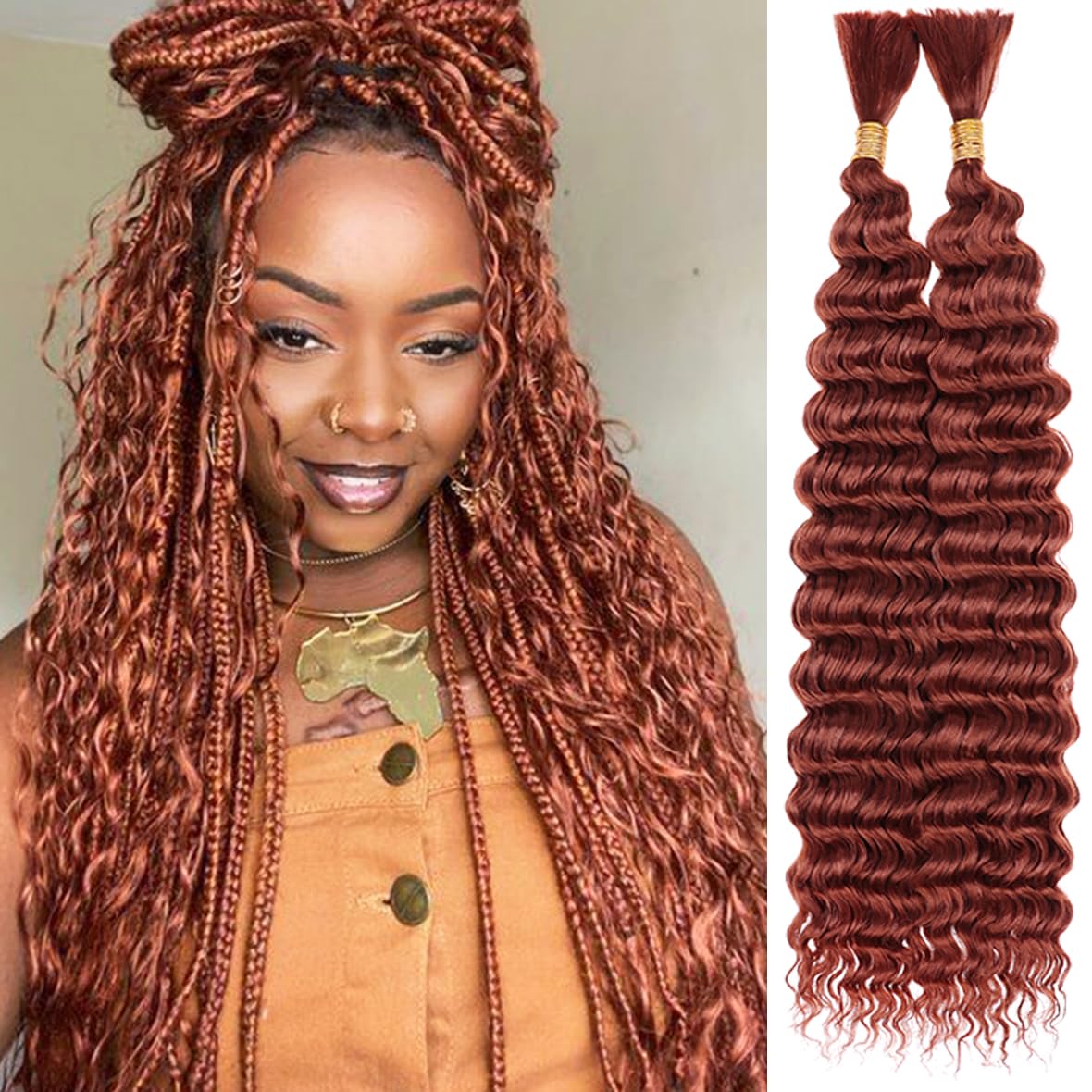 Kachanaa 18 Inch Deep Wave Crochet Human Hair 20 Mixed Human Hair for Boho Box Braids 2 Bundles Copper Red Deep Wave Curly Braiding Human Hair Extensions for Braiding /350#