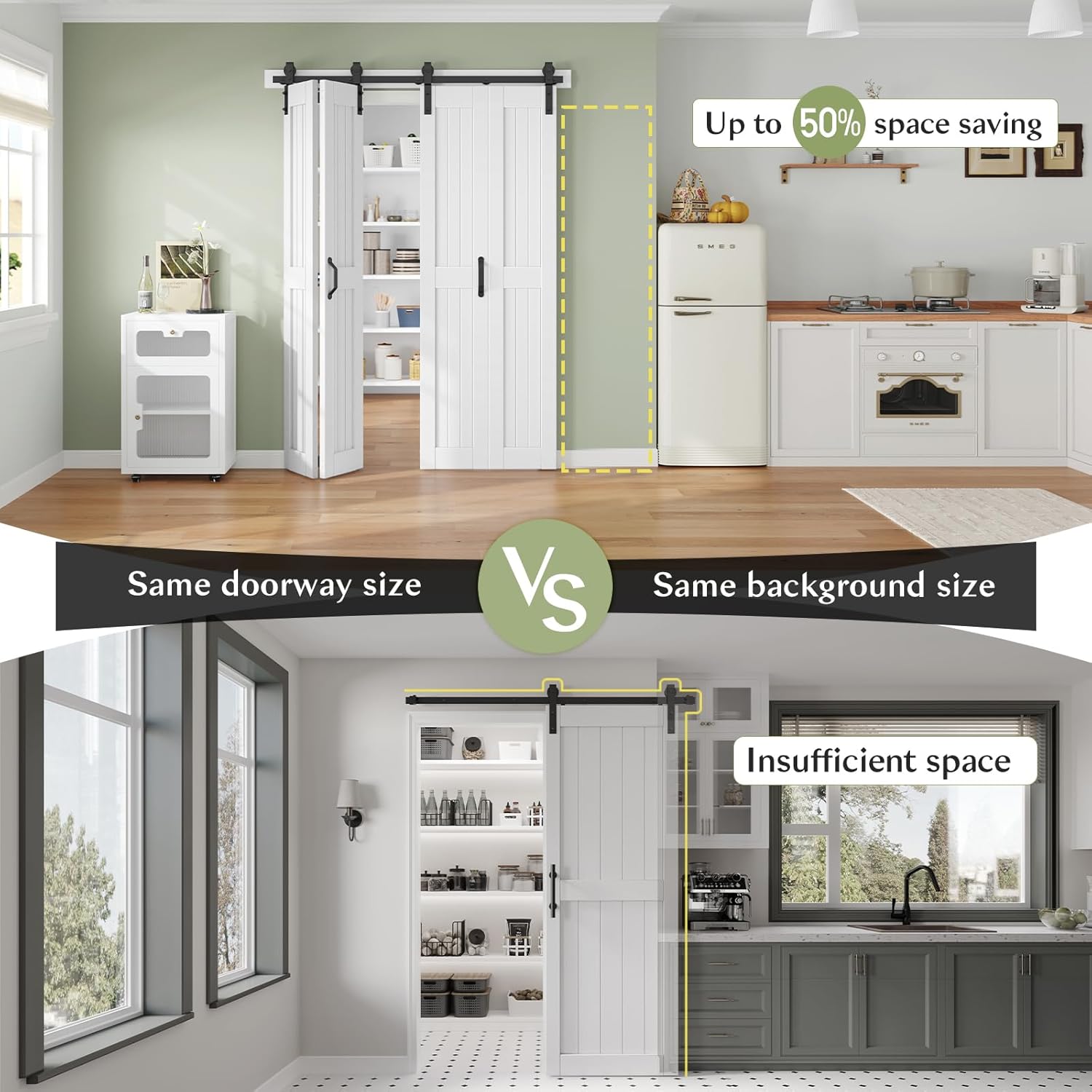 Bifold Barn Door 64 x 84 in (Four 16x84 Inch),Bi-fold Sliding Closet Doors with Hardware Track kit Included 6ft Rail for 4 Doors and Track Connector,Save Space,DIY Assembly.