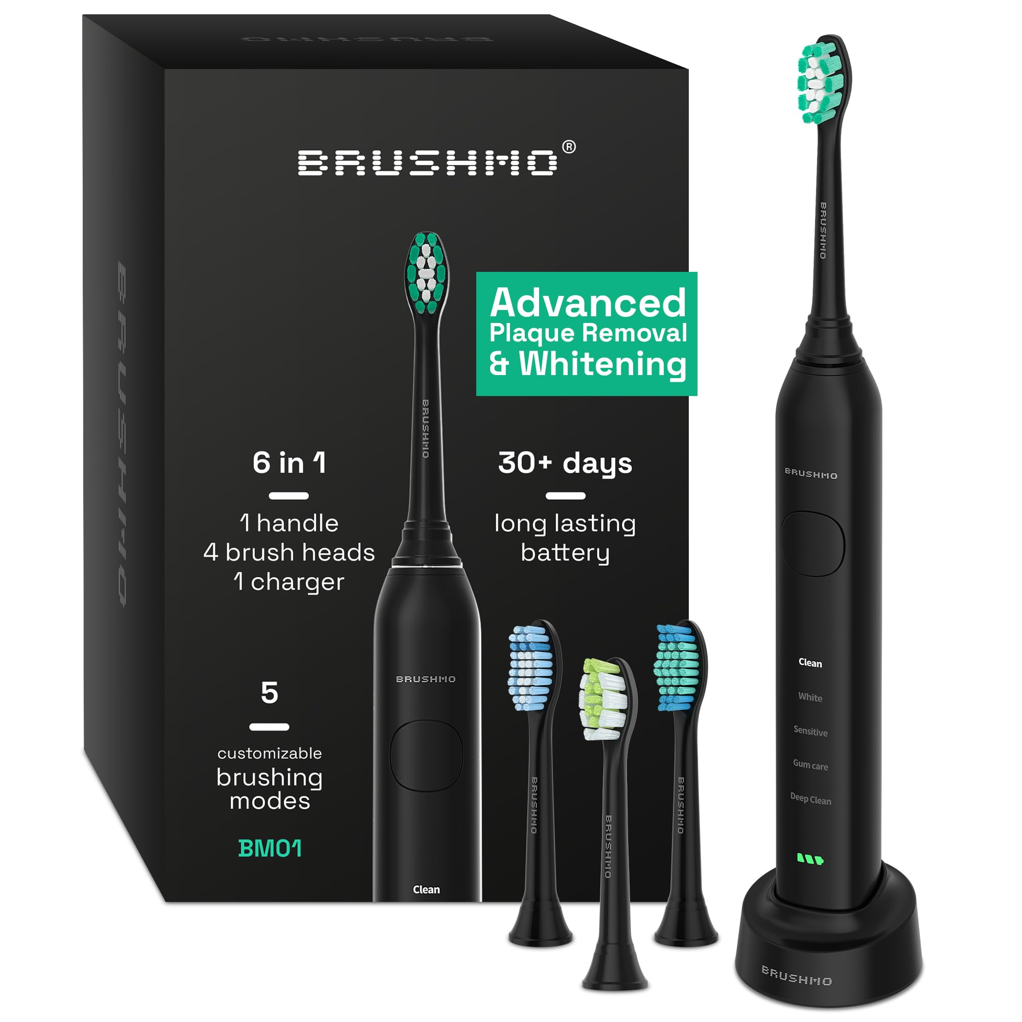 Sponsored Ad - Brushmo Super Sonic Electric Toothbrush with 4 Replacement Heads - Rechargeable Electronic Tooth Brush for Adults with 5 Customizable Modes - IPX7 Waterproof & Long-Lasting Battery - Black