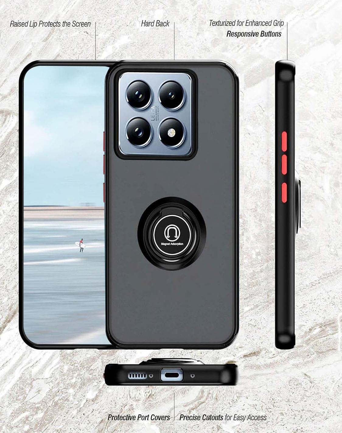 UPLAI Funda Para Xiaomi 14 Pro 5G, Antigolpes Ultra Delgado Carcasa Con Soporte Magnético Anillo, PC + Suave TPU Bumper Moda Escarchado Estuche Caso.(Rojo