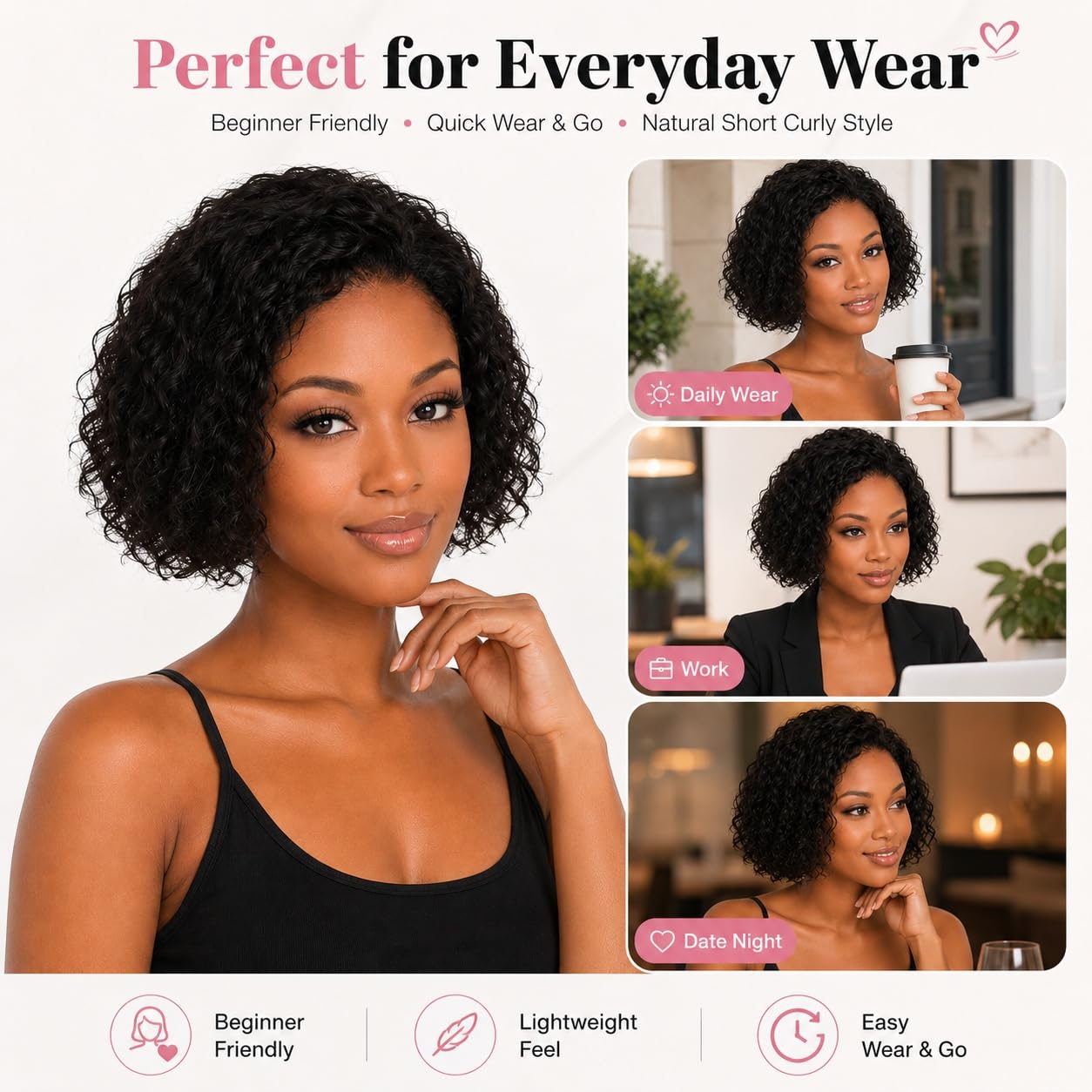 Curly Brazilian Human Hair Wig with Bangs, Glueless Machine-Made Cap