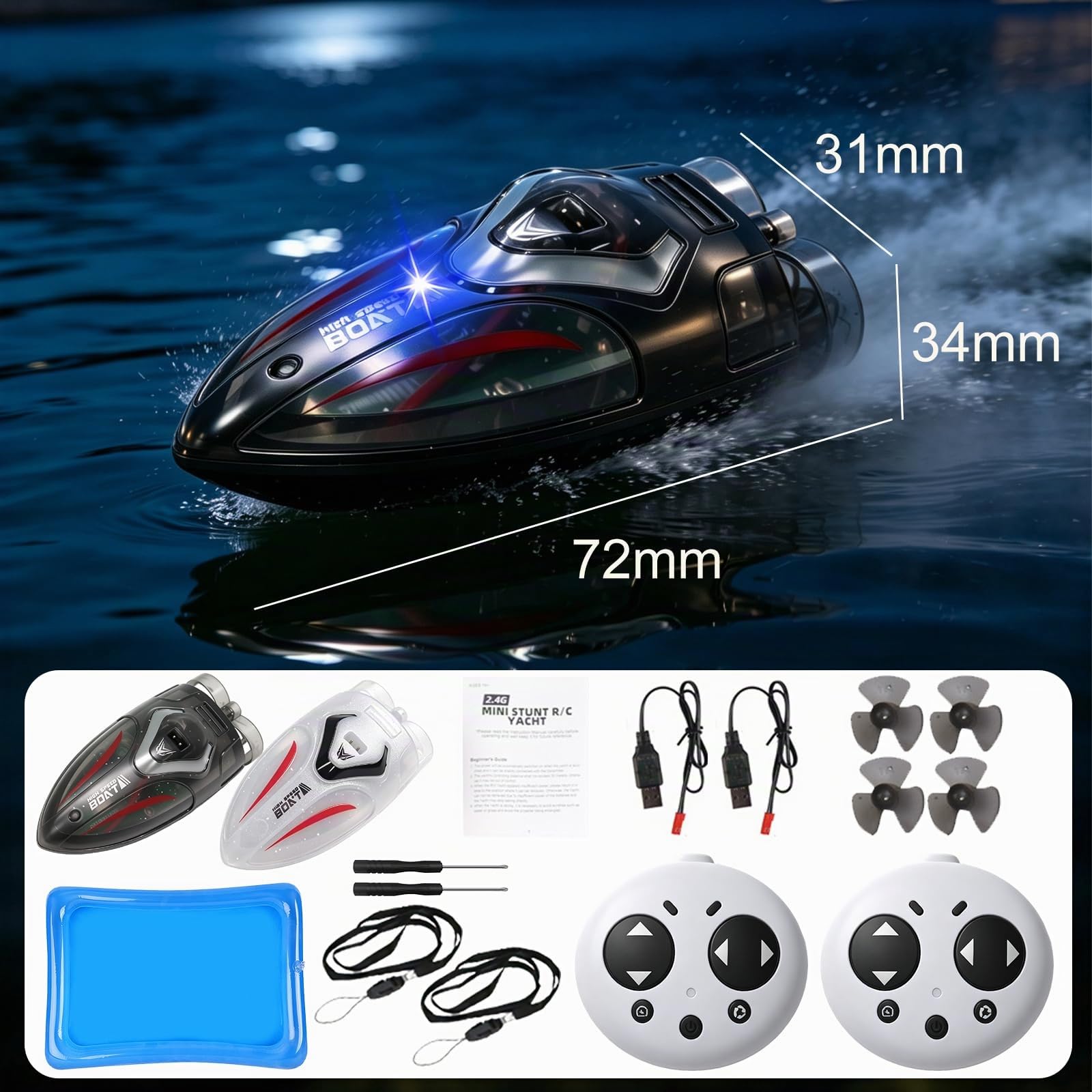 RC Boat,2 Stück Mini Boote Ferngesteuertes und Aufblasbares Schwimmbad | Automatischer Flip Funktion,LED Leuchten,Stoppt automatisch sobald es das Wasser verlässt,Geeignet für Badewannen,Pool,Seen