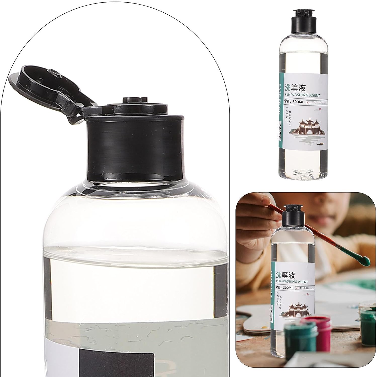 Paint Brush Cleaner Liquid Convenient Plastic Bottle 300ml with Brush Cleaning Function and Protective Formula for Oil and Watercolor Painting