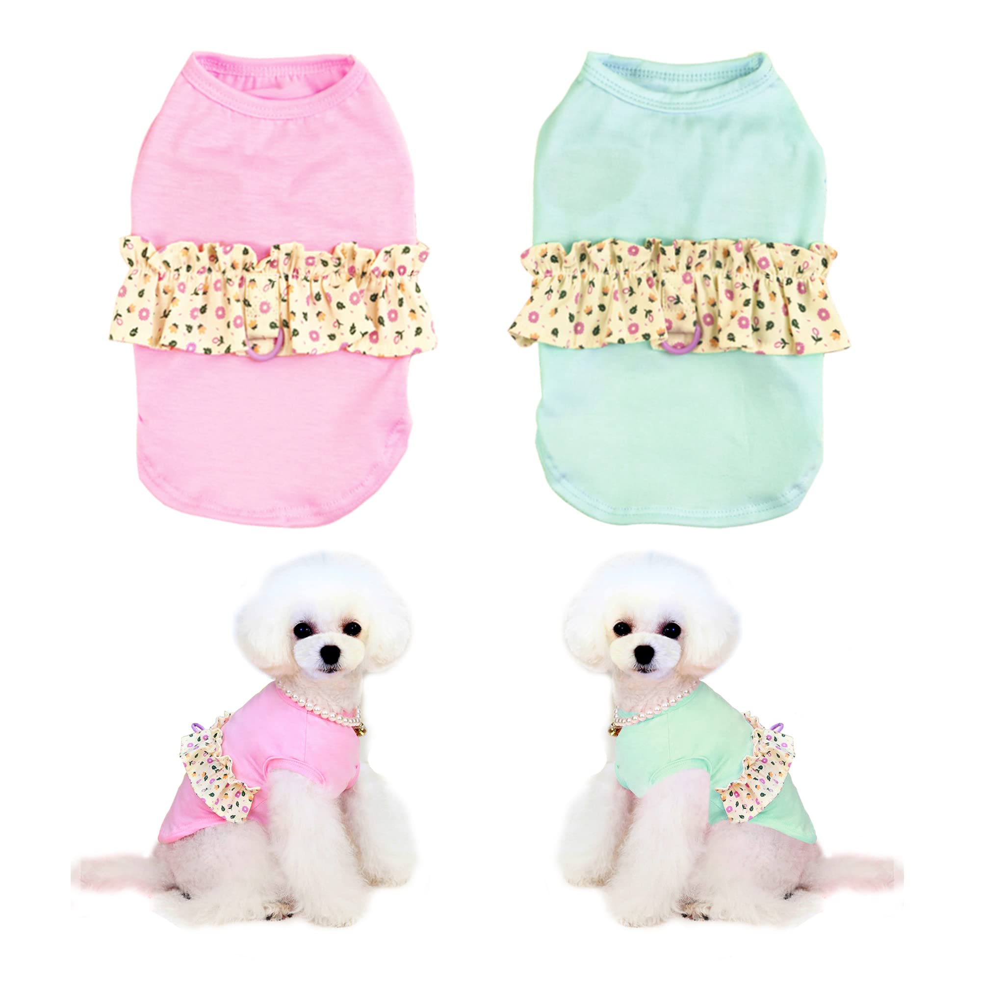 2 Pieces Dog Shirts Flowers Patterns with Leash Ring Puppy Clothes Holiday Festival Party Dogs Costumes Doggie Shirts Cat Outfits Dog Sweatshirt for Small Dogs Cats Boy Girl Clothes