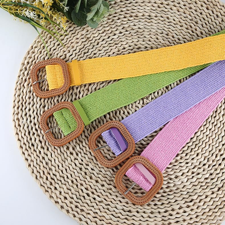 Women Straw Woven Elastic Stretch Waist Belt Dress Belt Boho Braided Waist Belt Summer Beach Dress Belts2