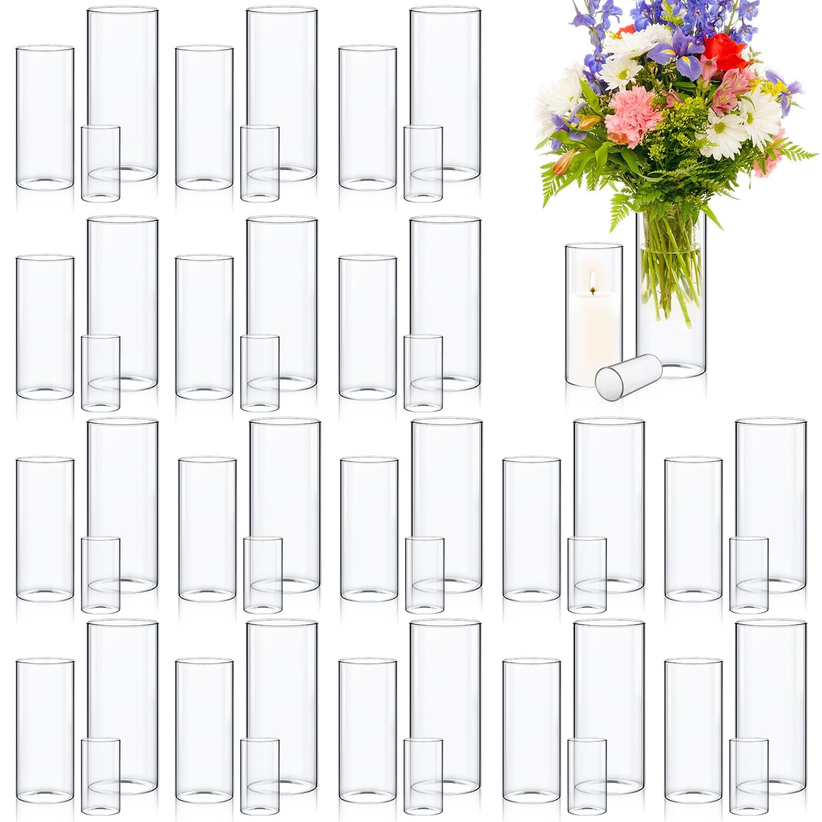 48 Pcs Glass Cylinder Vase Bulk Clear Different Sizes Candle Holder Decorative Centerpiece for Wedding Reception Home Flowers Modern Serene Spaces Living Glass Vases (4'', 8'', 12'' High)