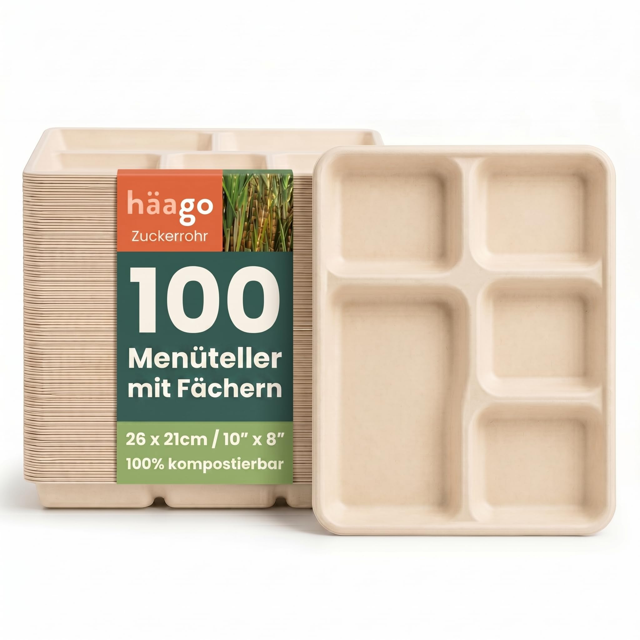 HAAGO 100 Extra Stabile Kompostierbare Zuckerrohr Menüteller, 26 × 21 cm mit 5 Fächern - Fett- & Auslaufsichere Pappteller – Biologisch Abbaubare Einwegteller, Portionsteller für Partys & Catering