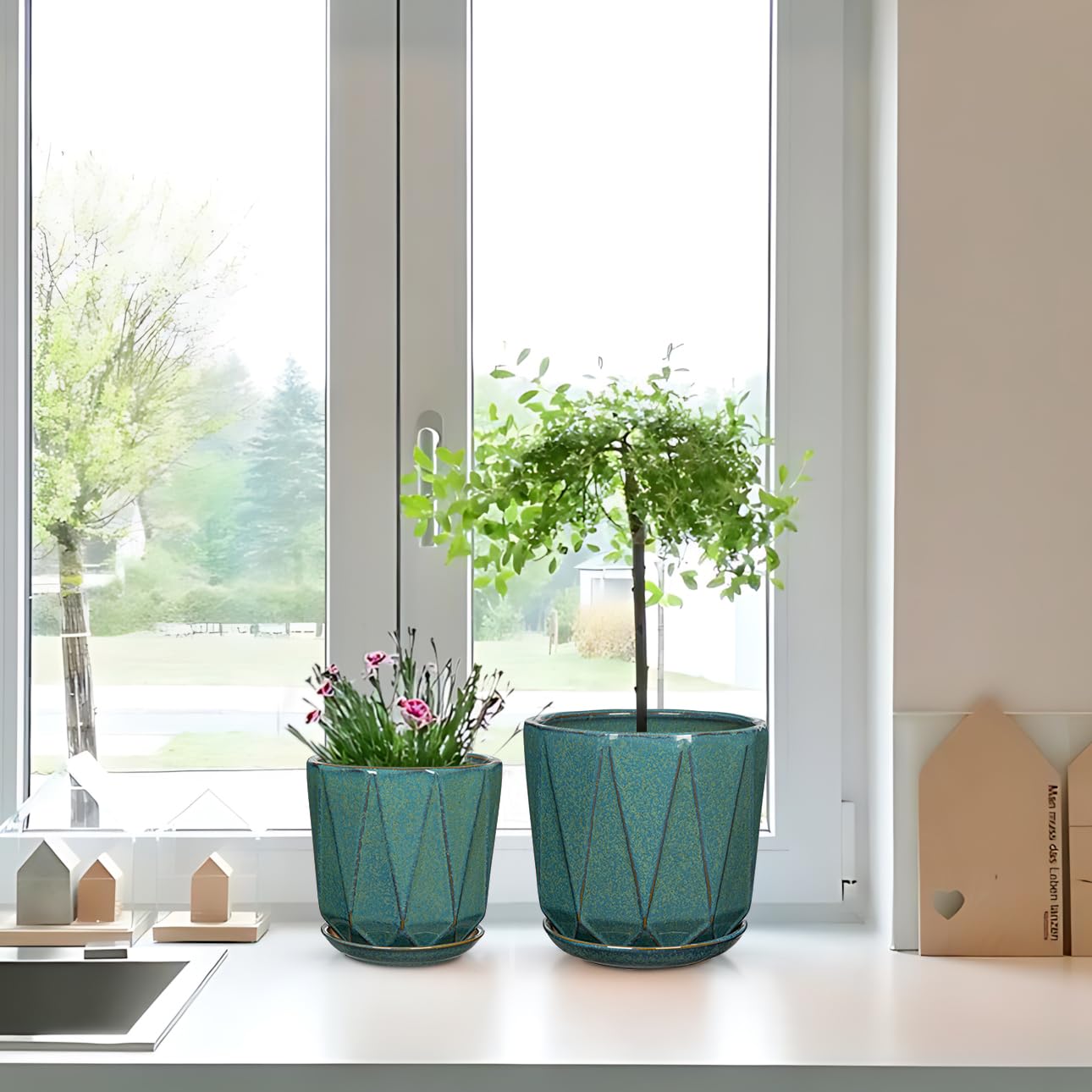 Oairse Pots de fleurs en céramique avec trous de drainage et soucoupes pour plantes d'intérieur et d'extérieur, 20 + 15 cm, vert