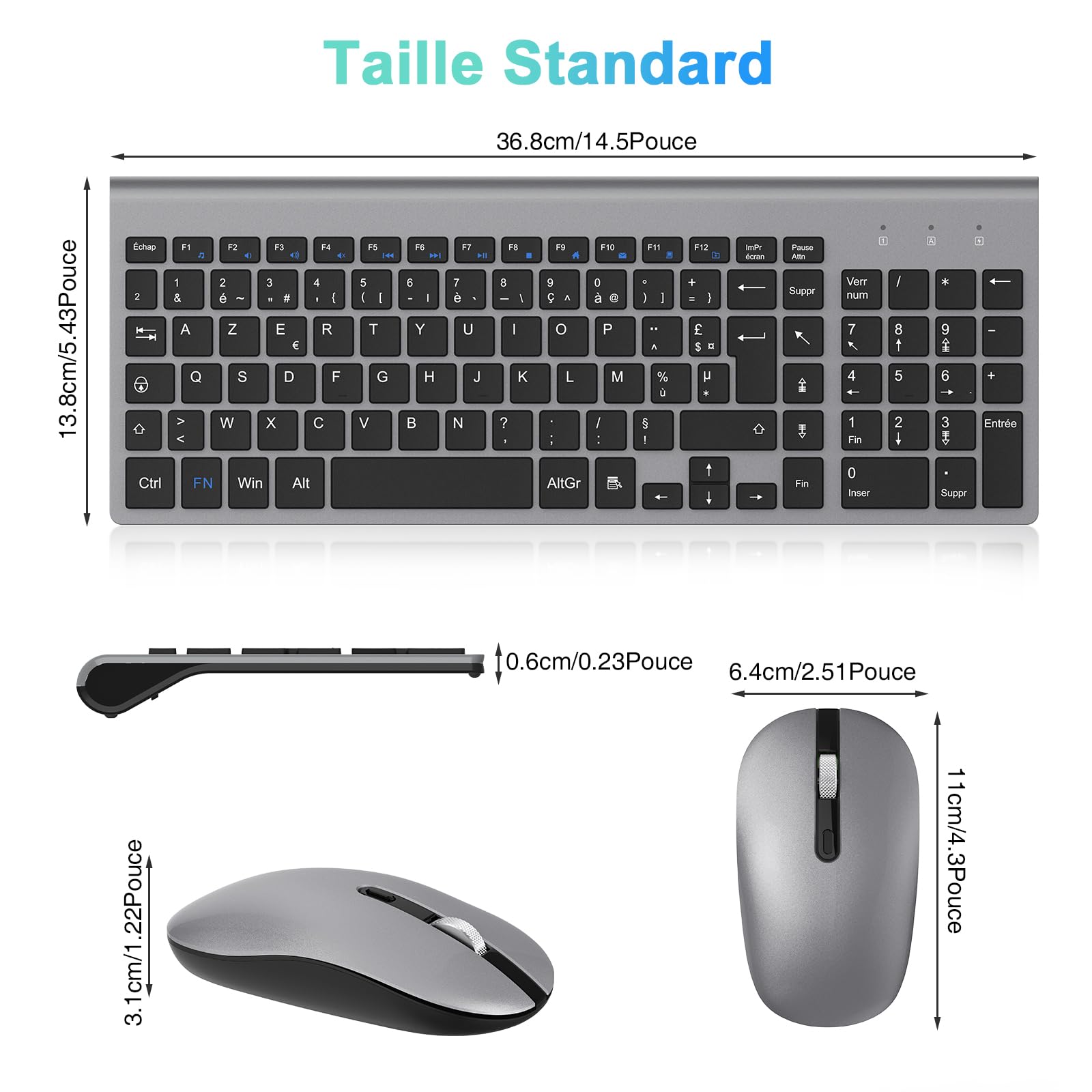 Ensemble Clavier et Souris sans Fil, cimetech Claiver AZERTY Français, Pack Clavier et Souris, Set Silencieux avec Récepteur Nano USB 2.4GHz, Compatible avec Windows/MacOS, Windows PC Laptop - Gris