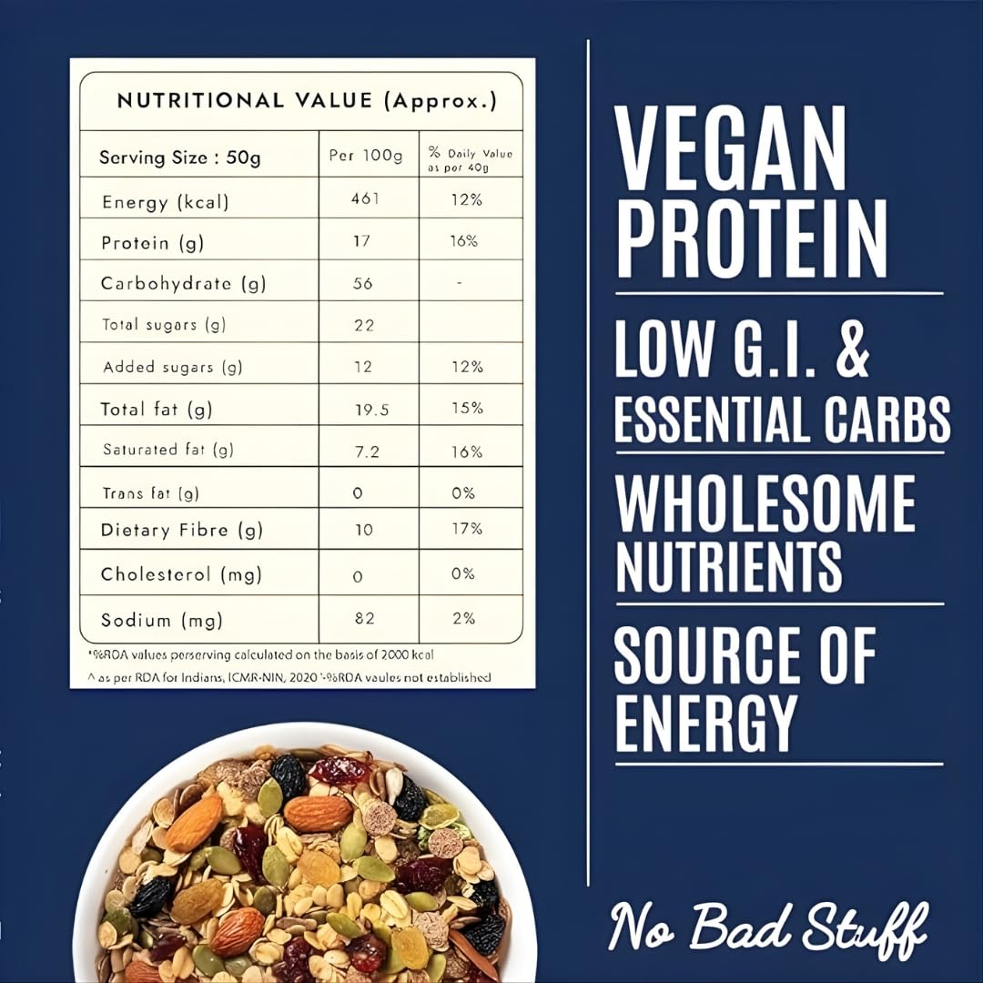 Yolo Roots Vegan Pro Protein Muesli 400g & Fruits & Nuts Muesli 400g Combo, No Added Sugar, Gluten Free, High Fiber Breakfast Cereal with Multigrains, Almonds, Fruits & Seeds, Healthy Energy Food (Pack of 2) 3