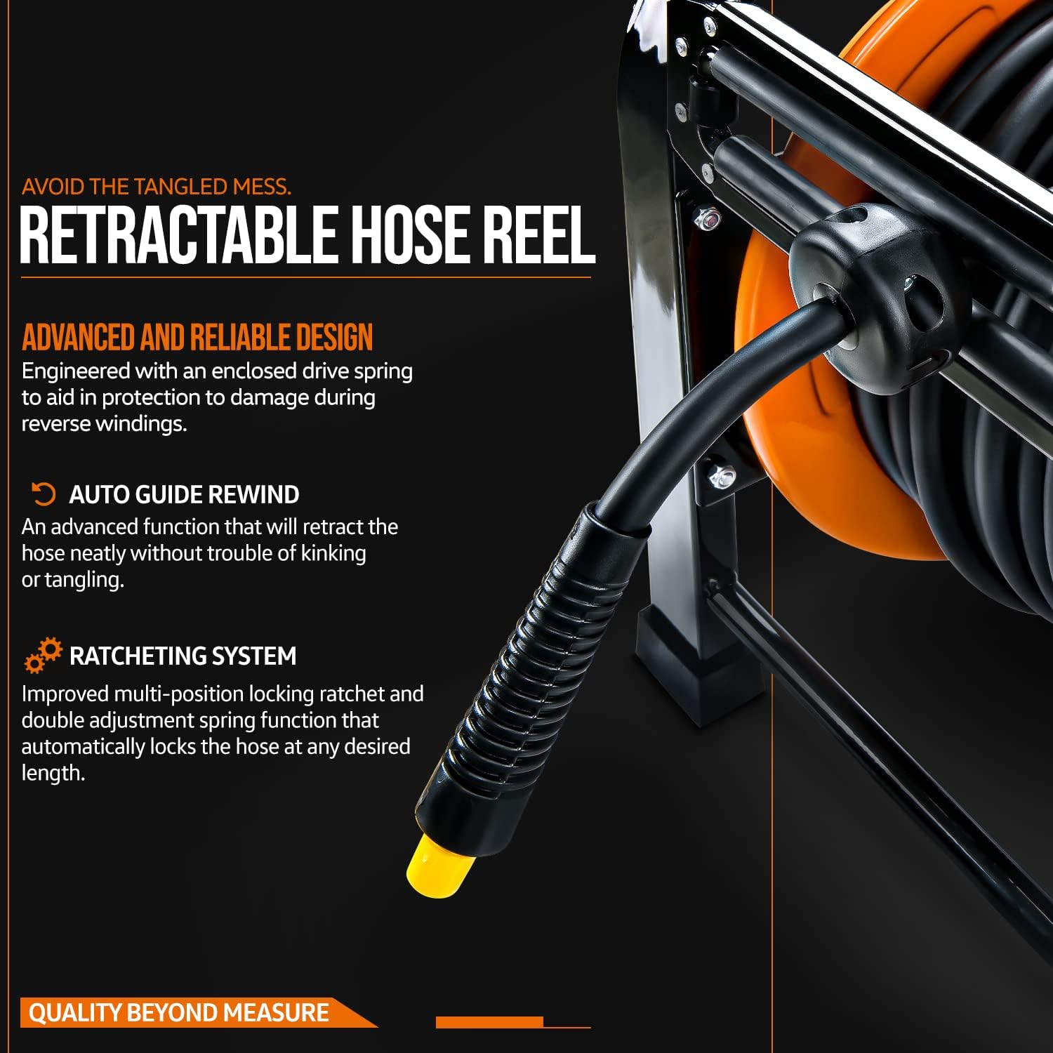 SuperHandy Air Hose Reel Retractable 3/8" Inch x 100 Feet 300 Psi / 20 Bar Spring Driven Steel Portable Quad Pod Heavy Duty Industrial Premium Commercial Flex Hybrid Polymer - - 