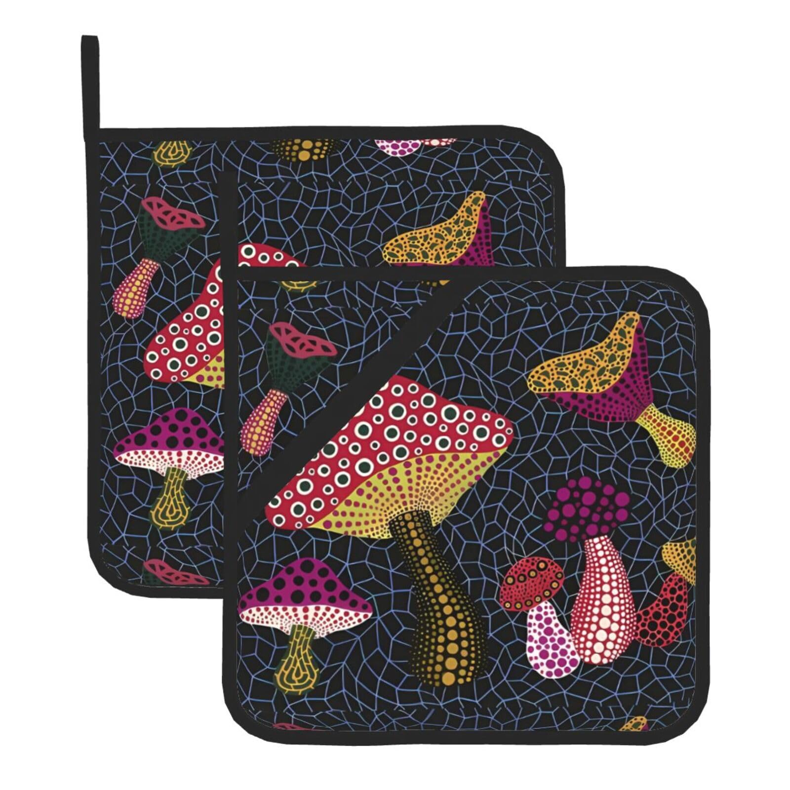 WHJSSF Mushroom Prints Square Hot Pads for Kitchen Counter - Waterproof Trivets with Hanging Loop, Thick Pot Covers for Serving, Oven & BBQ - Set of 2 (1 with Pocket)