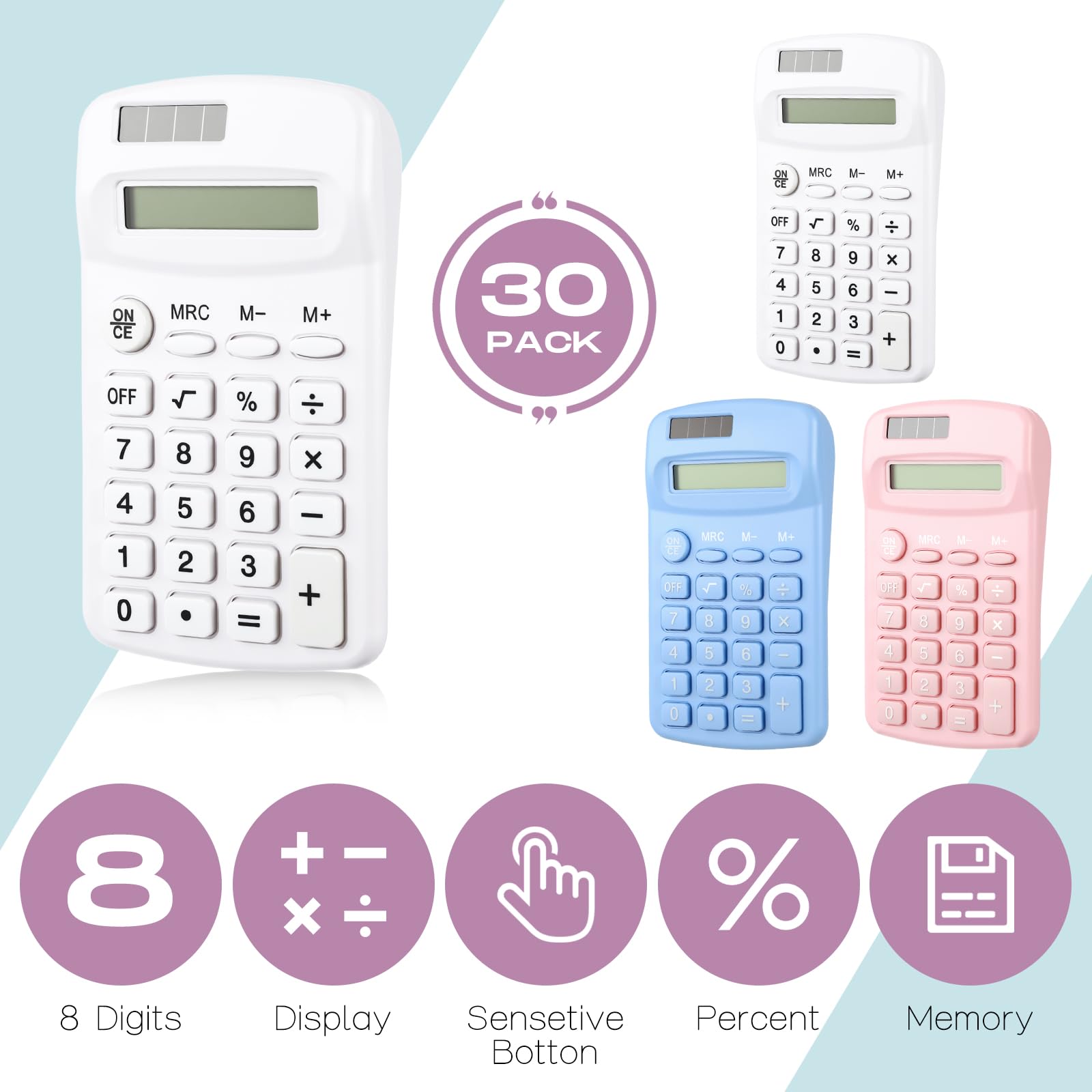 Flutesan Confezione da 30 calcolatrici tascabili, piccole dimensioni, alimentate a batteria, 4 funzioni, calcolatrice di base per studenti, bambini, scuola, casa, ufficio (bianco, rosa, blu)