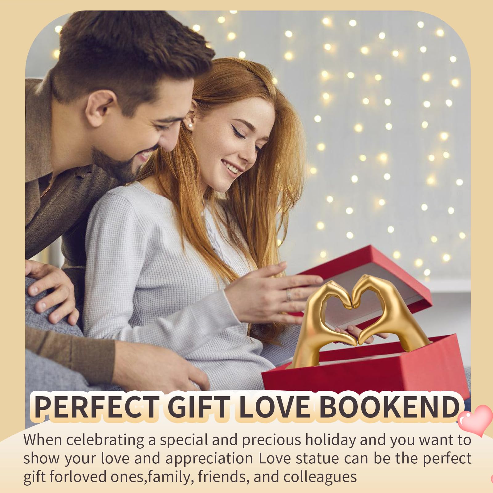 Gold Gesten dekorative Buchstützen - Herz Hände Skulptur Buchstütze, kreativer Buchstopper und Halter für Bücher - Perfekt für Wohnzimmer, Heimdekoration und Büroregal-Teiler