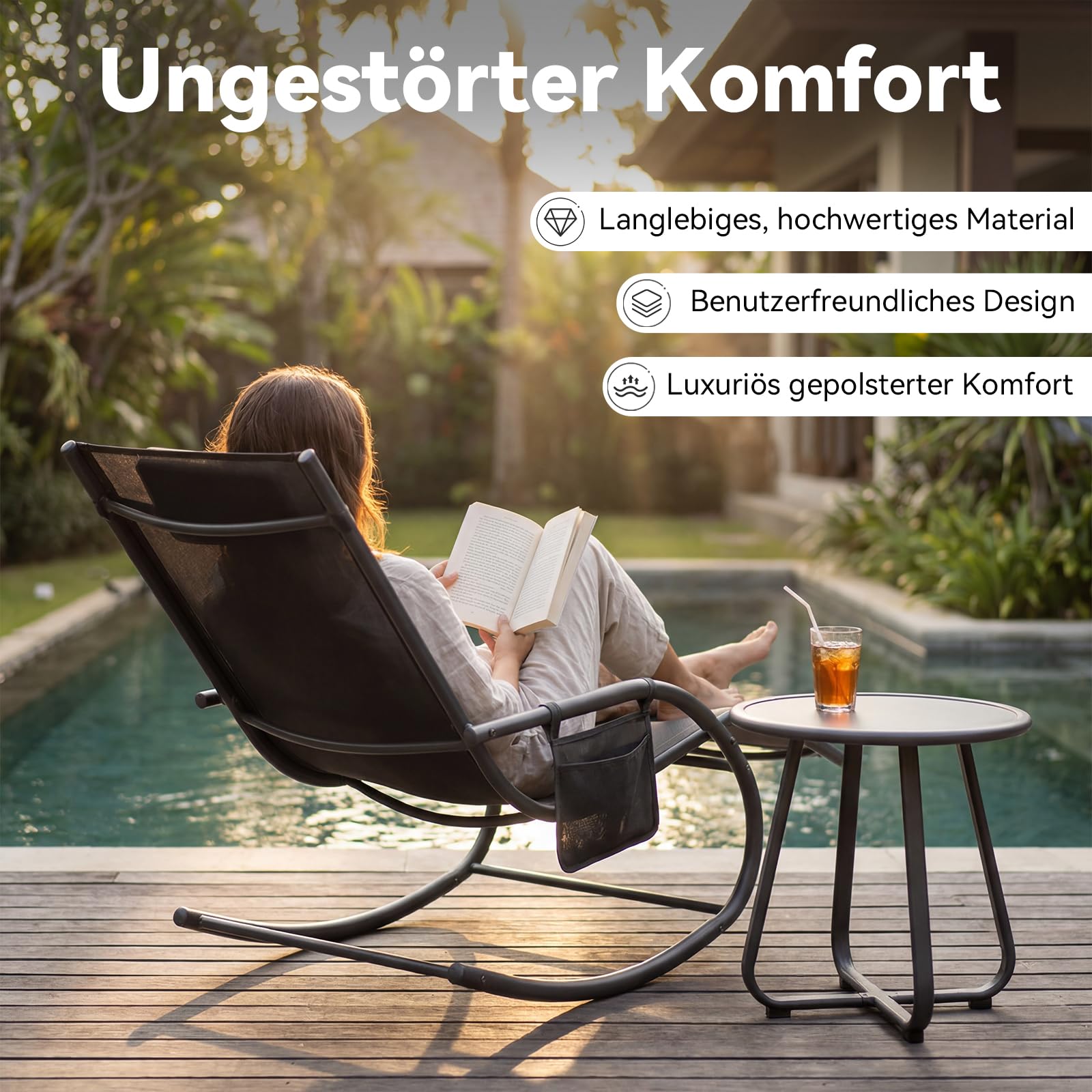 Aoxun Schaukelstuhl Schwingsessel Gartenstuh Inklusive Kopfstützen- und Seitenablagefach Schaukelliege Metall Mesh schaukelstuhl Wohnzimmer für Hof, Garten, Balkon, 148 x 63 x 84 cm, Schwarz