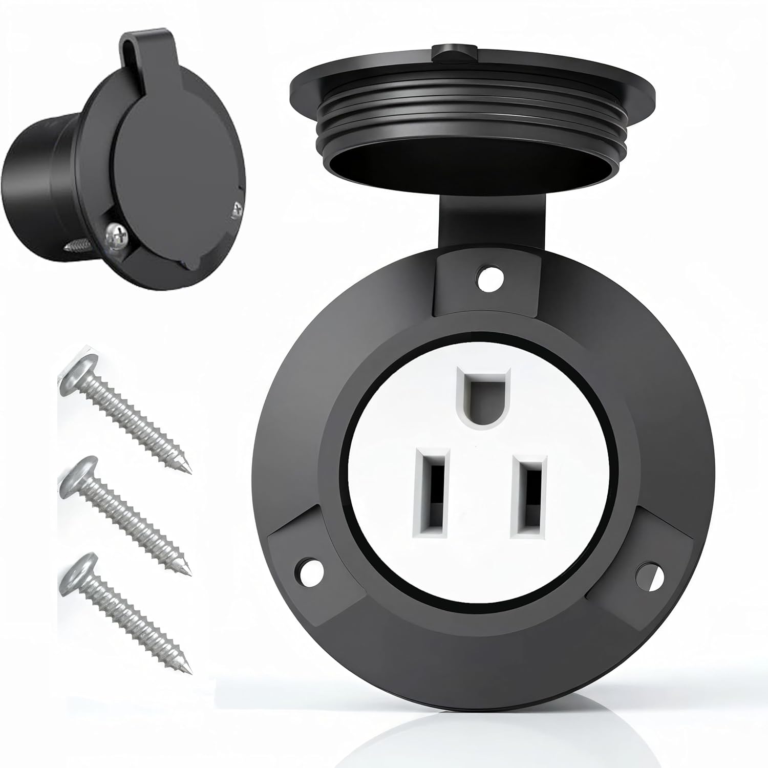 15A Flanged Outlet 120-125 Volt, NEMA 5-15R 15 Amp Straight Blade Plug Charger Receptacle w/ Waterproof Covers, 2 Pole-3 Wire, ETL Listed Plug Female for RVs Marine Truck Bed Block Heater