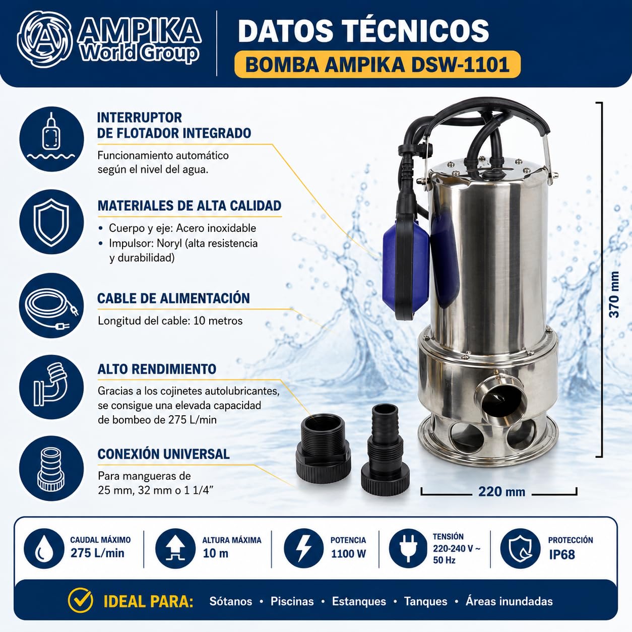 Ampika DSW-1101 Bomba Sumergible Aguas Residuales y Fecales 1100W | Acero Inoxidable, Sólidos hasta 35 mm, 240 l/min, Altura 11 m, Interruptor de Flotador, Cable 10 m