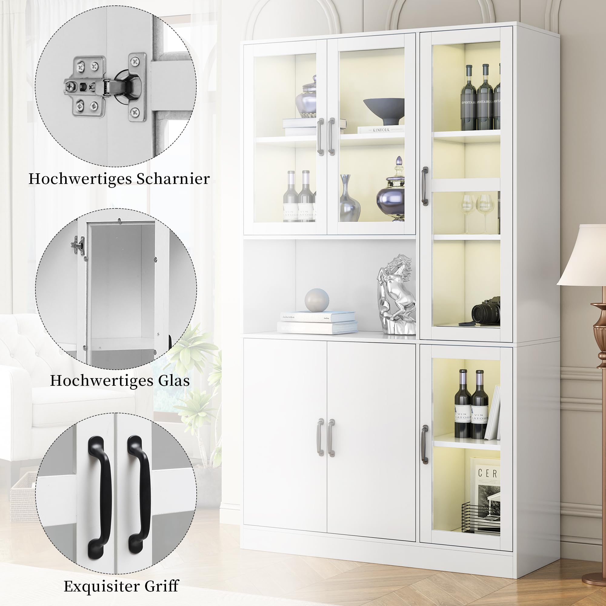 Vitrina con puertas, luz LED, estanterías grandes, armario de cocina, sala de estar, dormitorio