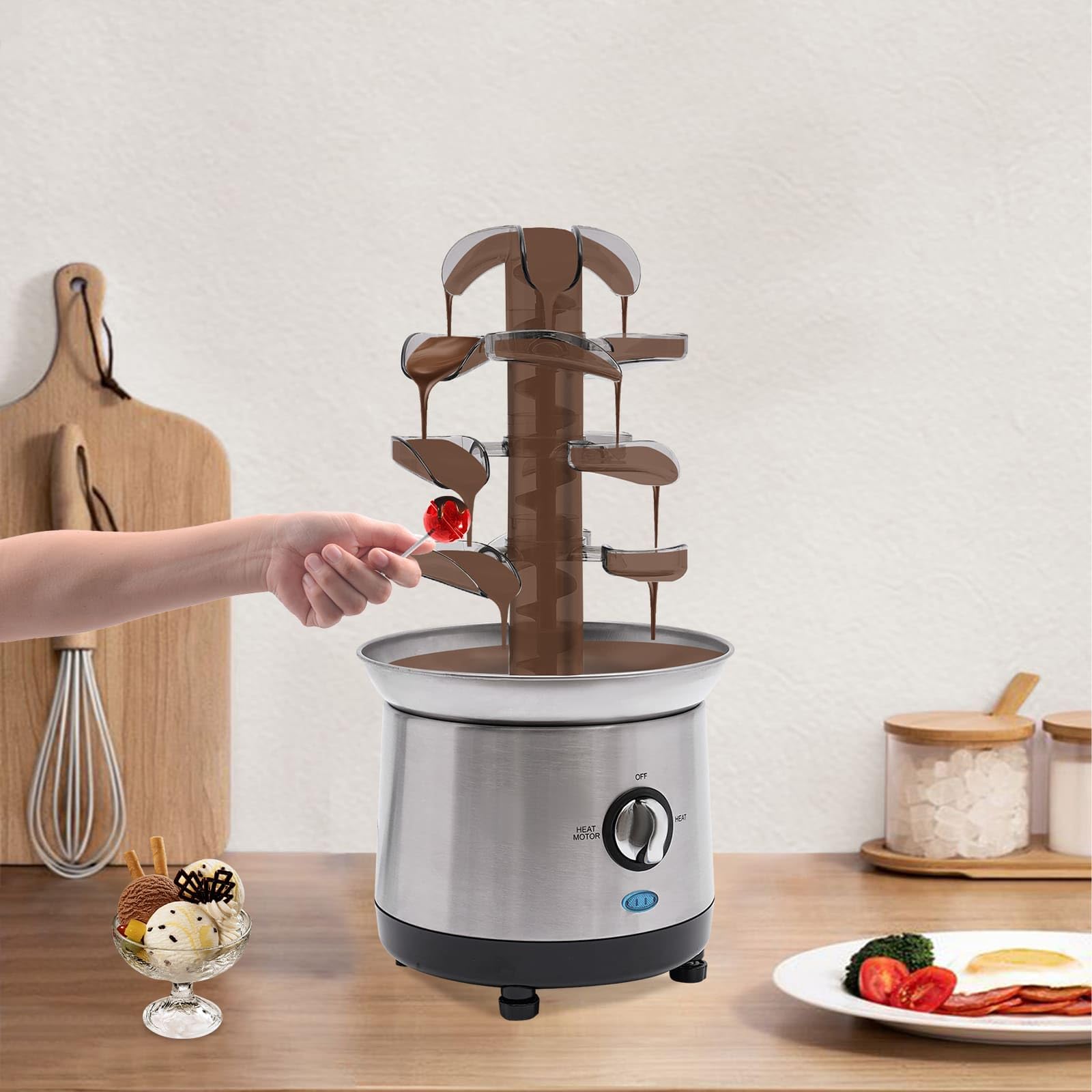 Fontaine à Chocolat 4 Niveaux 190 W en Acier Inoxydable, Température de Chocolat Fondant Chaud 38 à 45℃, Capacité 1,2L, Pour Réunions de Famille, Anniversaires, Mariages