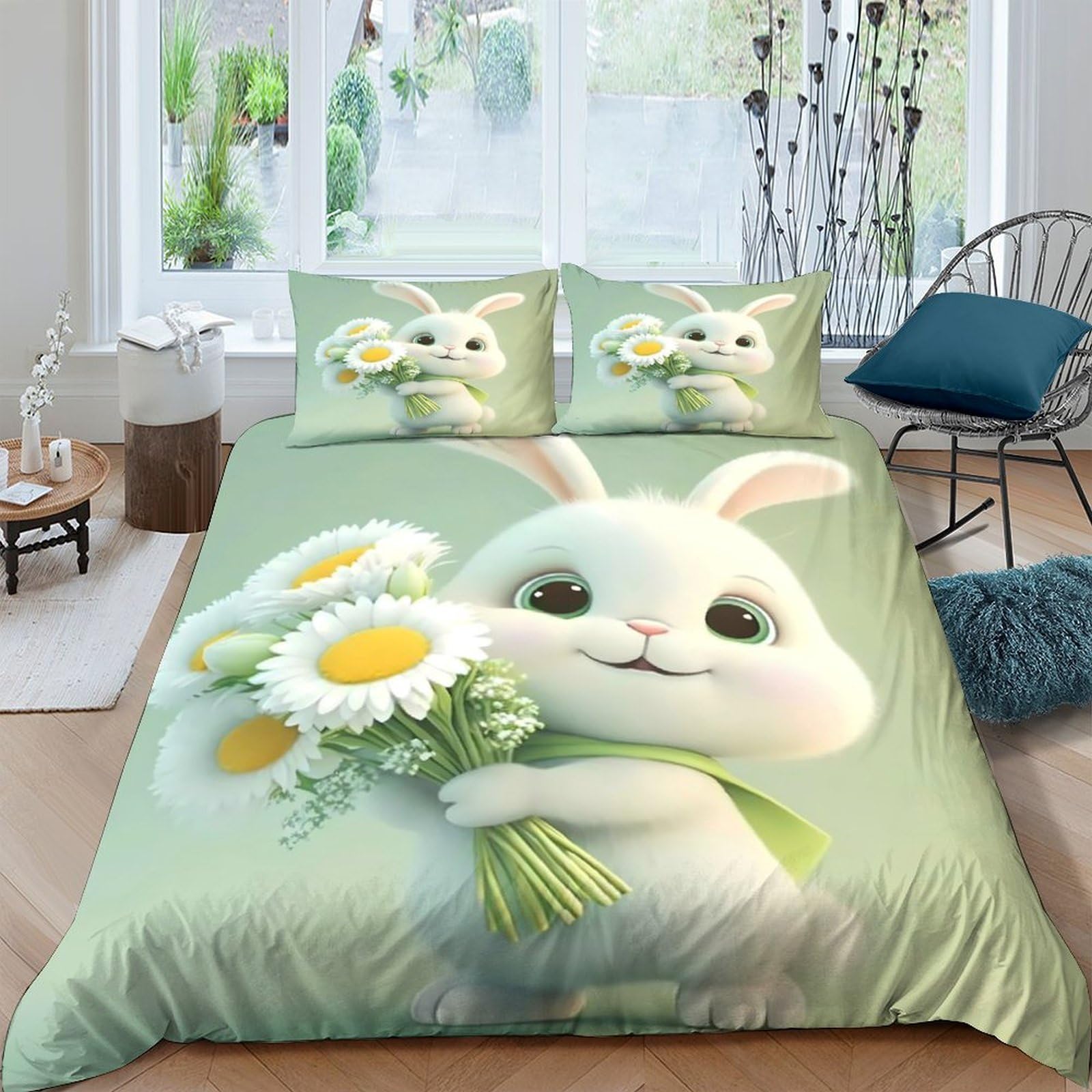 Ctjqhvkz Style-2 3D Printed Cute Bunny Fitted Sheet Microfiber Soft Green Daisy Mattress Cover For Bedroom Guest Room Decor Single（135X200cm）