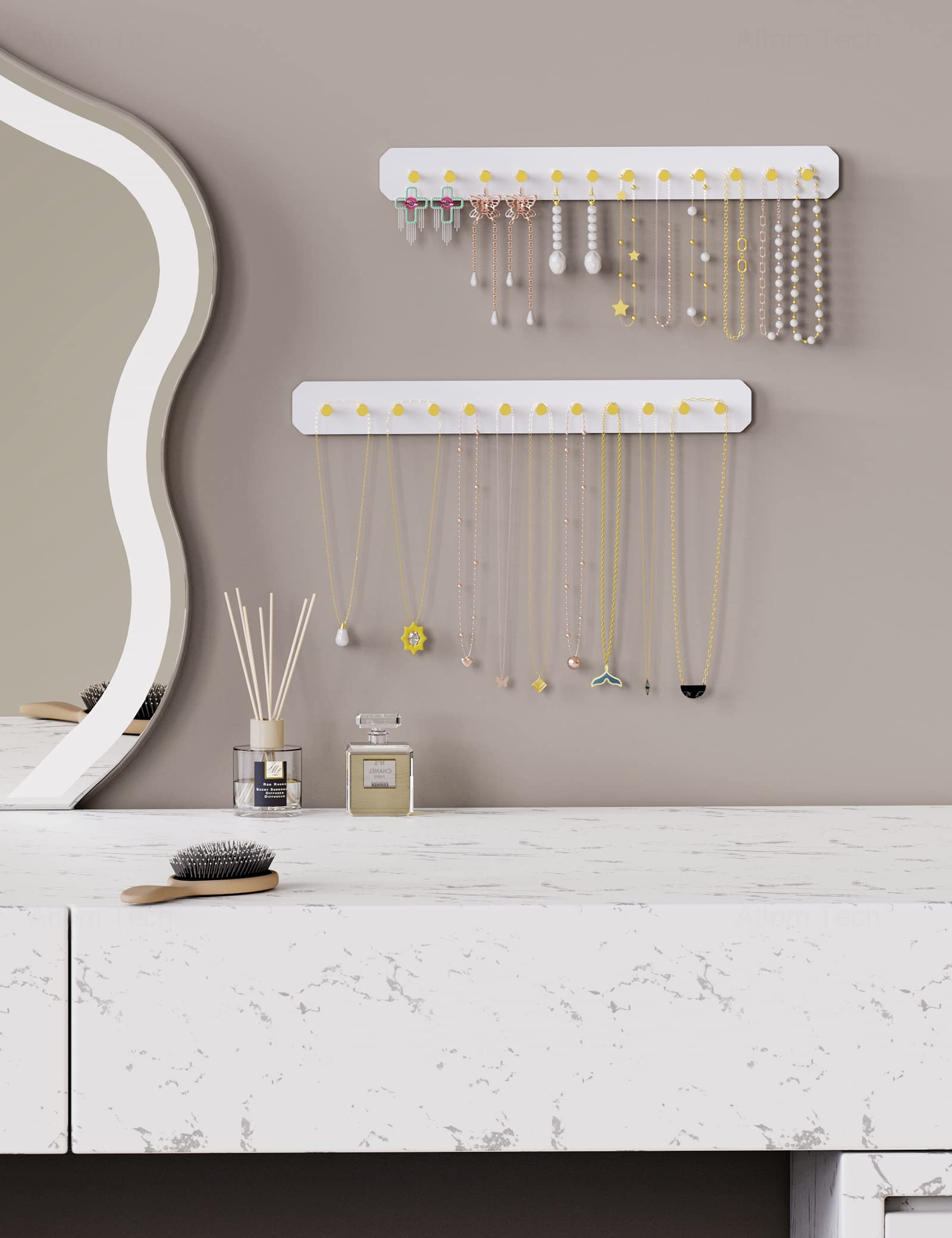 NiHome Naścienny akrylowy organizer na biżuterię, 2 sztuki, trwały, elegancki stojak, mocne haczyki ze stali węglowej, na toaletkę, do łazienki, kuchni, bezproblemowy montaż, wiele opcji montażu