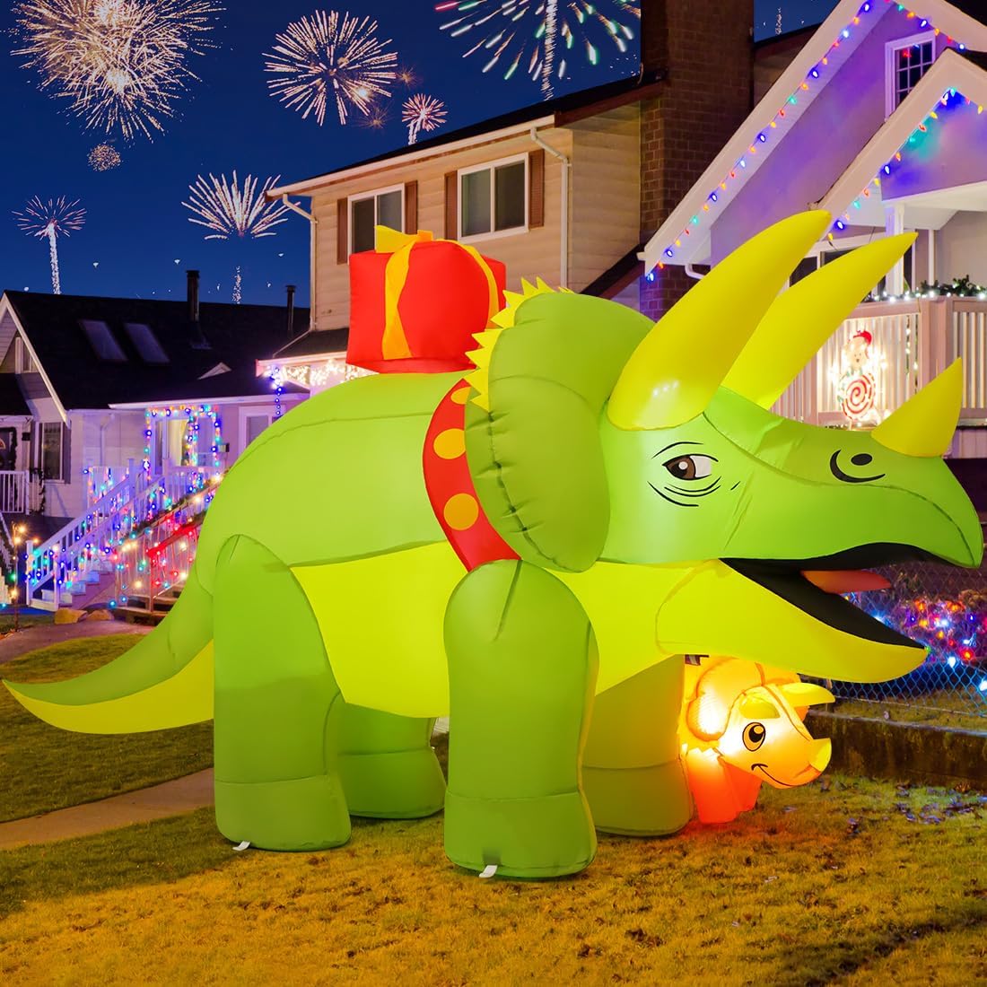 GOOSH 7.5 FT Length Christmas Inflatables Dinosaur Outdoor Decorations Blow Up Green Triceratops with Baby Dino Yard Decorations with Built-in LED Lights for Garden Lawn Outdoor Yard Xmas image 4