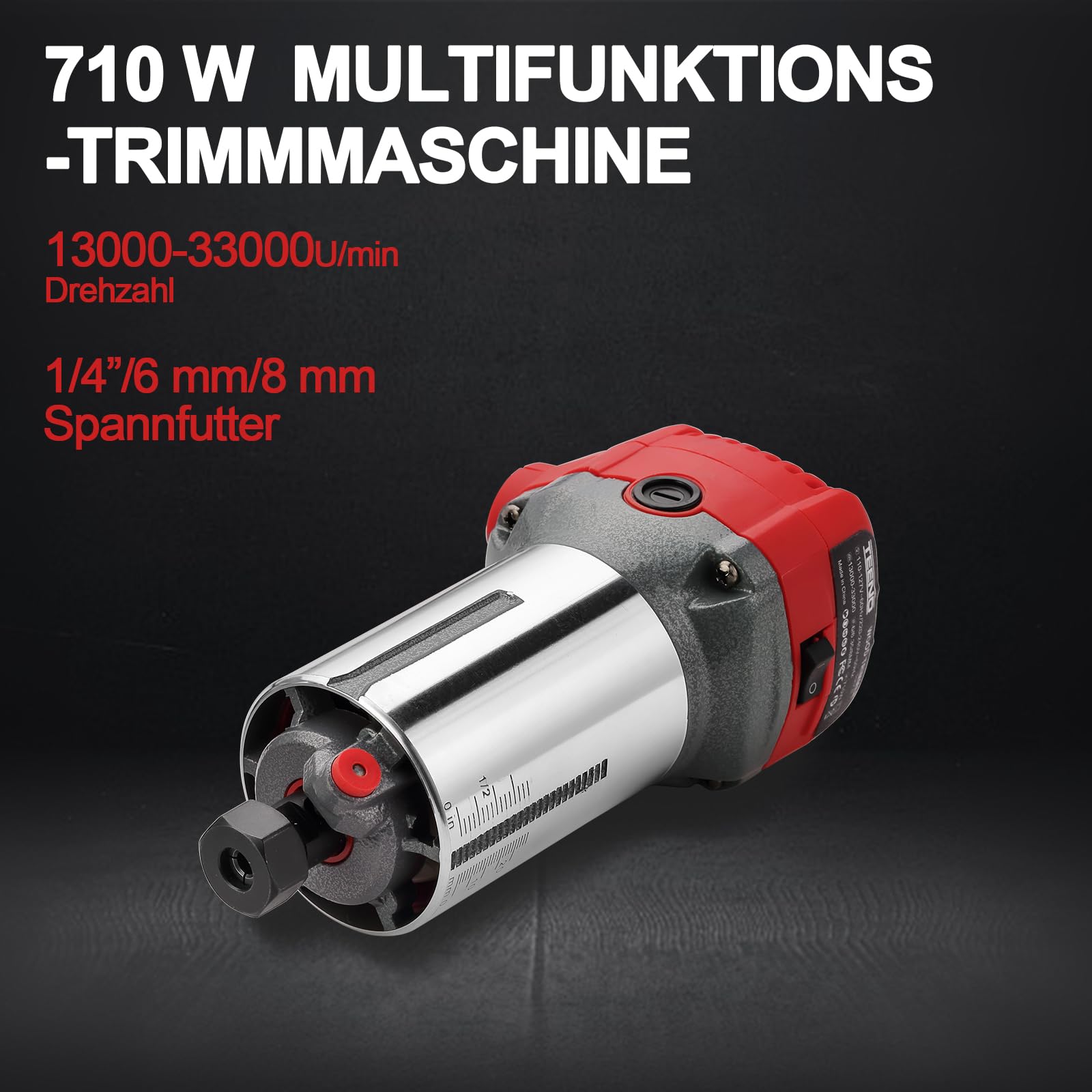 TEENO Holzfräse Oberfräse 800W 13000–33000 U/min mit Staubabsaugungsanschluss, Elektrik Kantenfräse Mit 5 Stück 1/4" Fräsen Cuter,6 Variable Geschwindigkeiten, Spannzange 6MM, 6.35MM, 8MM