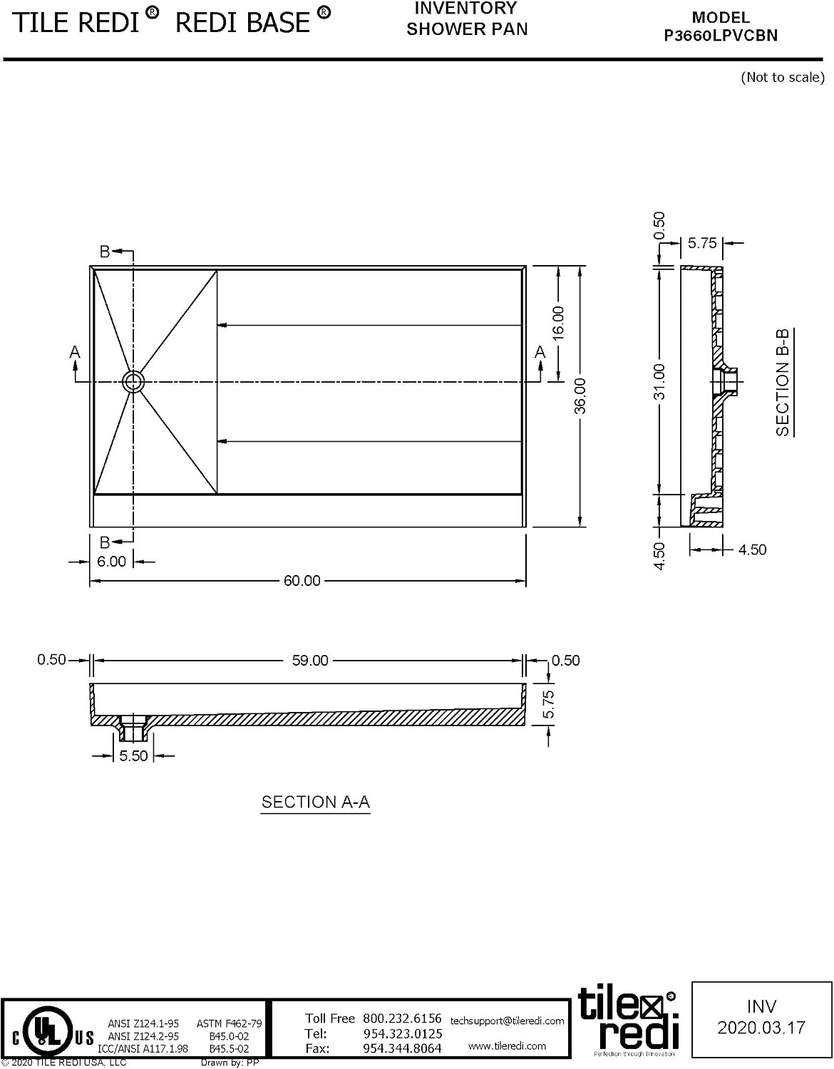 Tile Redi USA P3660LPVCBN Redi Base Shower Pan, 60" W x 36" D, Left Round Brushed Nickel Drain Plate