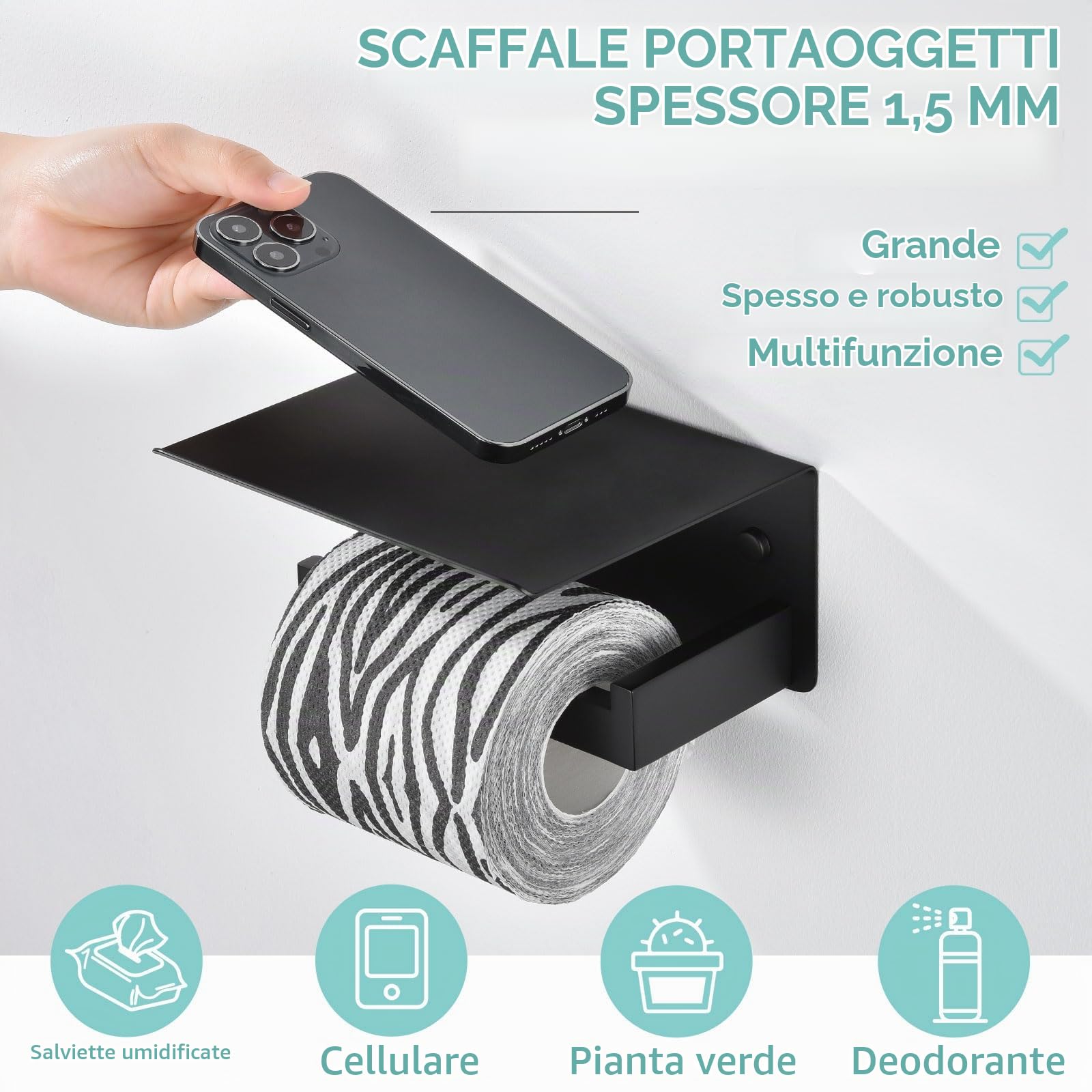 APLusee Porta carta igienica nero opaco con mensola, lato sinistro, in acciaio inox 304, montaggio a parete