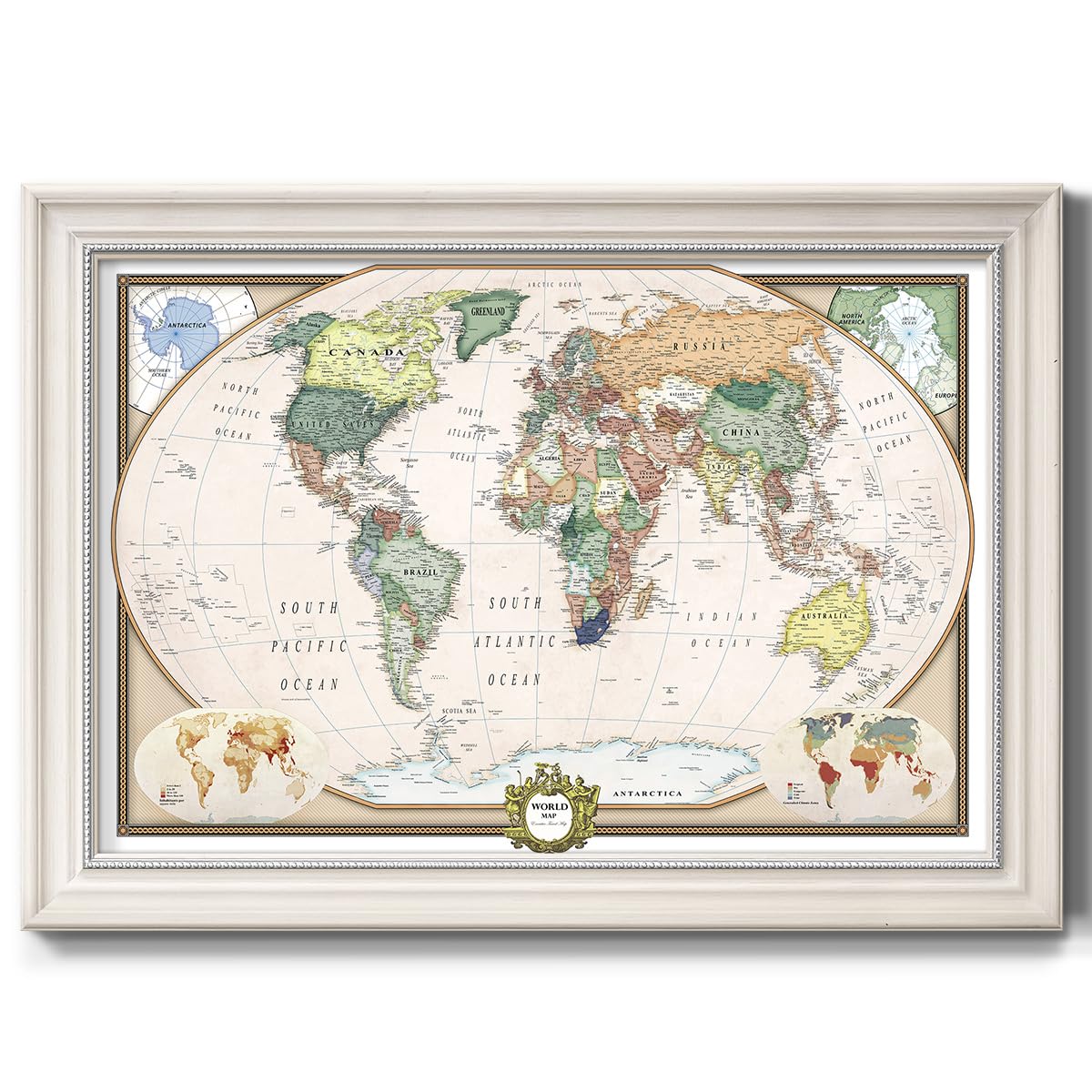 Renditions Gallery Colorful World Map Canvas Wall Art with Modern White Frame Wall Hanging Travel Map with Push Pins for Home, Office, Classroom