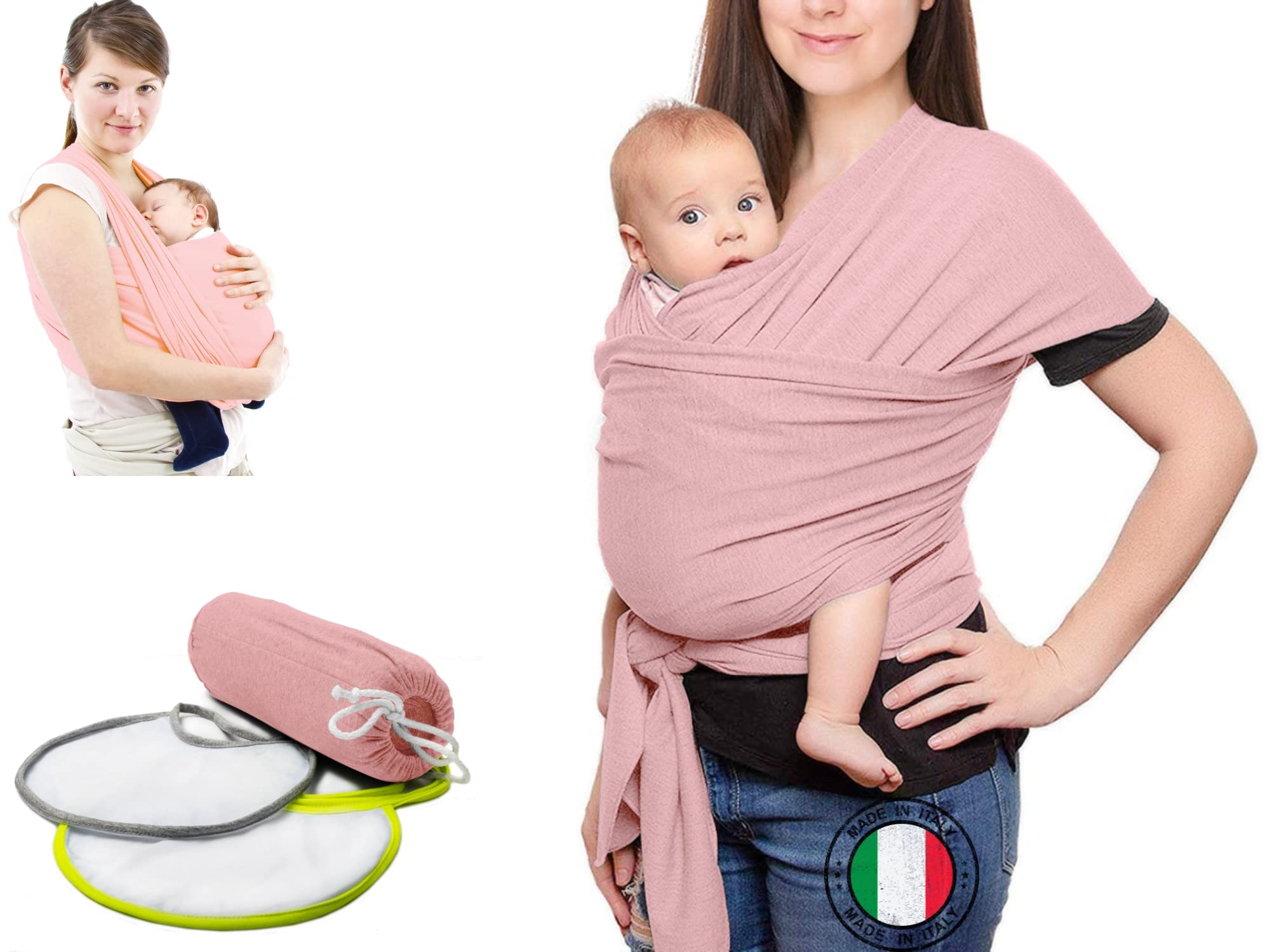 Fascia Neonato (100% Made In Italy) Con 2 BAVAGLINI INCLUSI, Fascia Porta Bebe In Cotone Organico, Fascia Neonato Porta Bebe In Tessuto Morbido, Leggero, Traspirante, Adatta Fino A 15 Kg