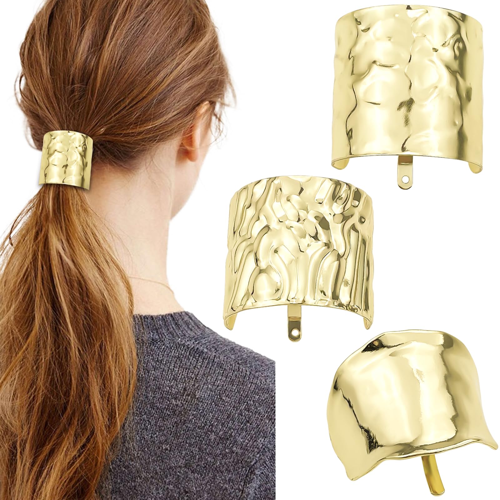 3 Pcs Hair Clips with Lava Ponytail Buckle, Metal Hair Cuffs, Decorative Hair Rings for Long Hair - Hair Accessories for Women (Gold)