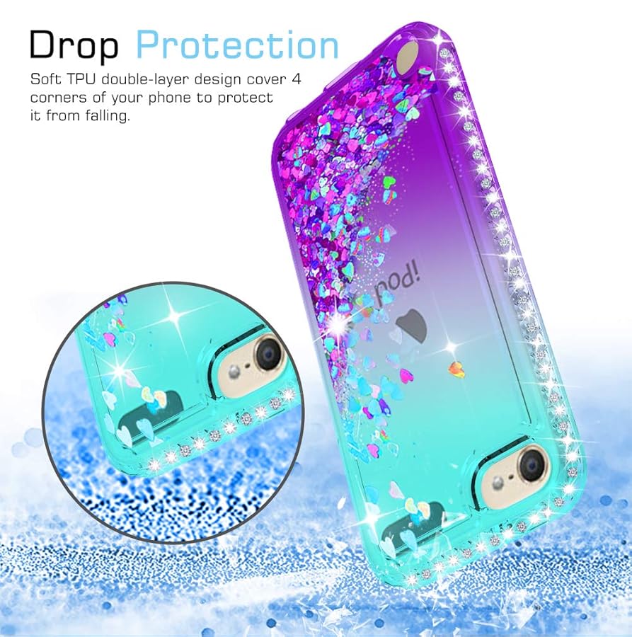 LeYi for iPod Touch 7th Generation Case, iPod Touch Case 7th/ 6th/ 5th with [2 Pack] Screen Protector for Girls Kids, Glitter Bling Liquid Cute TPU Clear Phone Case for iPod Touch 7 6 5 (Teal/Purple) - image 4