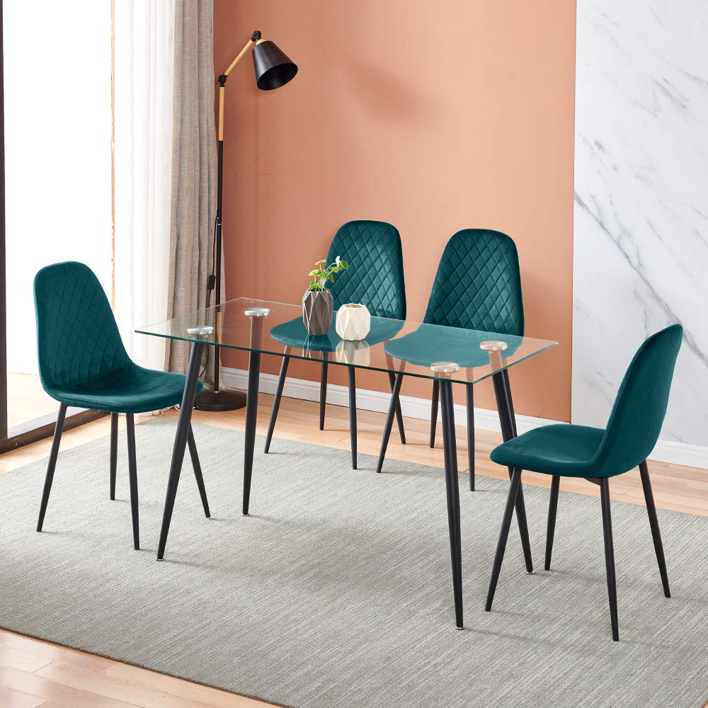 Buy Modern Clear Glass Dining Table and Green Velvet Chairs Set of 4