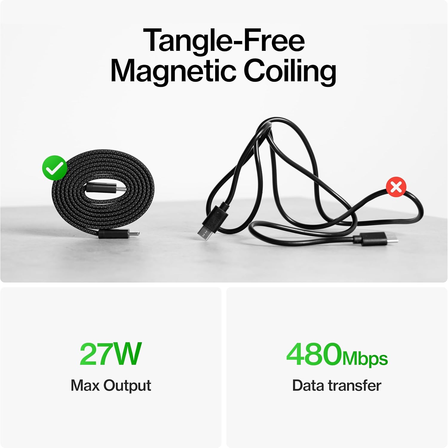 Statik MagStack Slim - USB to USB C Cable, Magnetic Anti Tangle Flat A to Type C Charger Fast Charging Cord, Magnetic Charging Cable, Compatible with iPhone, iPad & Android, 27W 3FT, 3-Pack