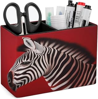 Zebra Red Desk Organizer Pen Holder with 2 Slots | PU Leather Pencil Cup Case Box, Non-slip Base, Workspace Desktop Organizer, Tidy for Office Bathroom Dresser Vanity Storage