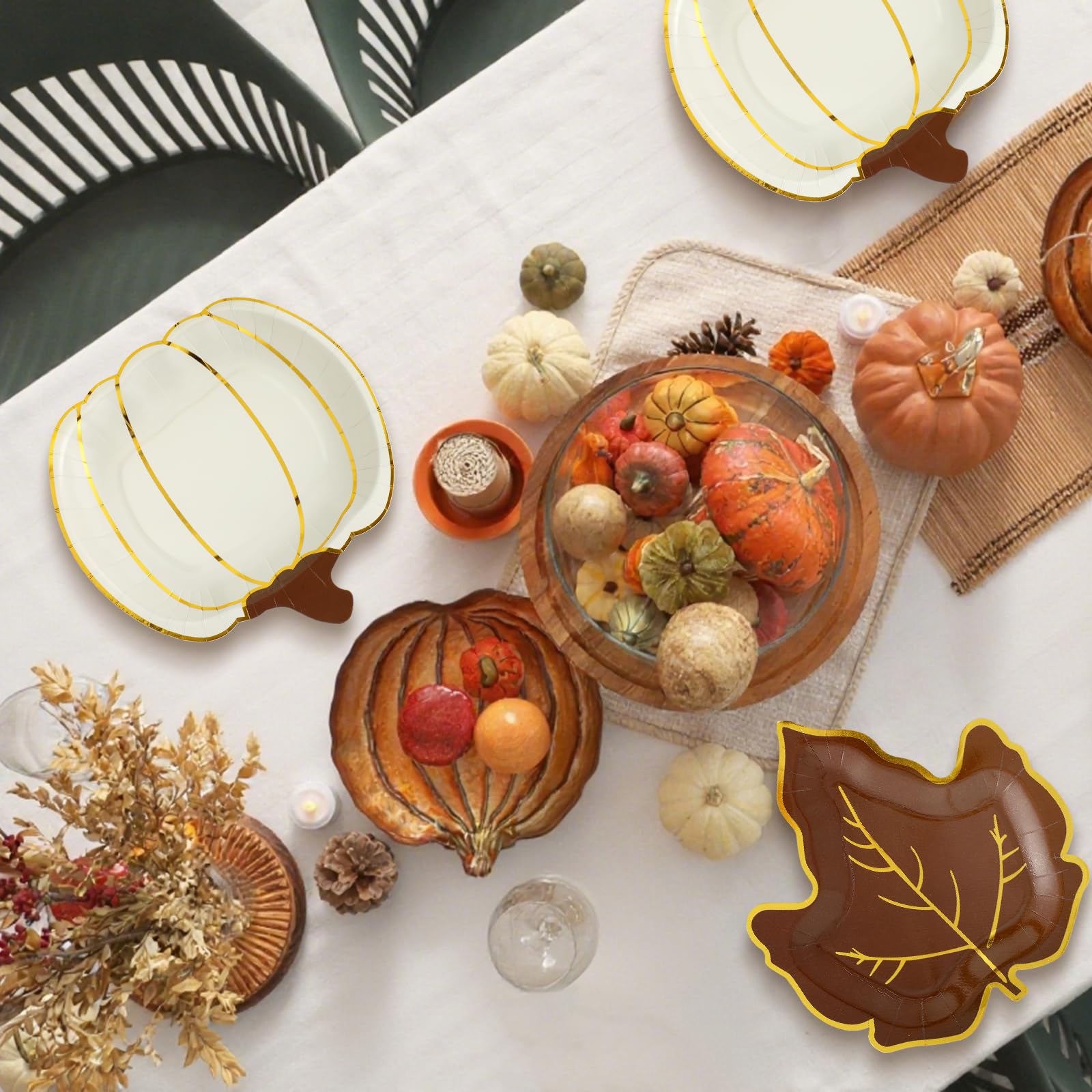 Mimorou Lot de 100 assiettes jetables en carton pour l'automne, Thanksgiving, la récolte de l'automne, la fête de la récolte de l'automne, la vaisselle de fête en feuille d'or en forme de citrouille