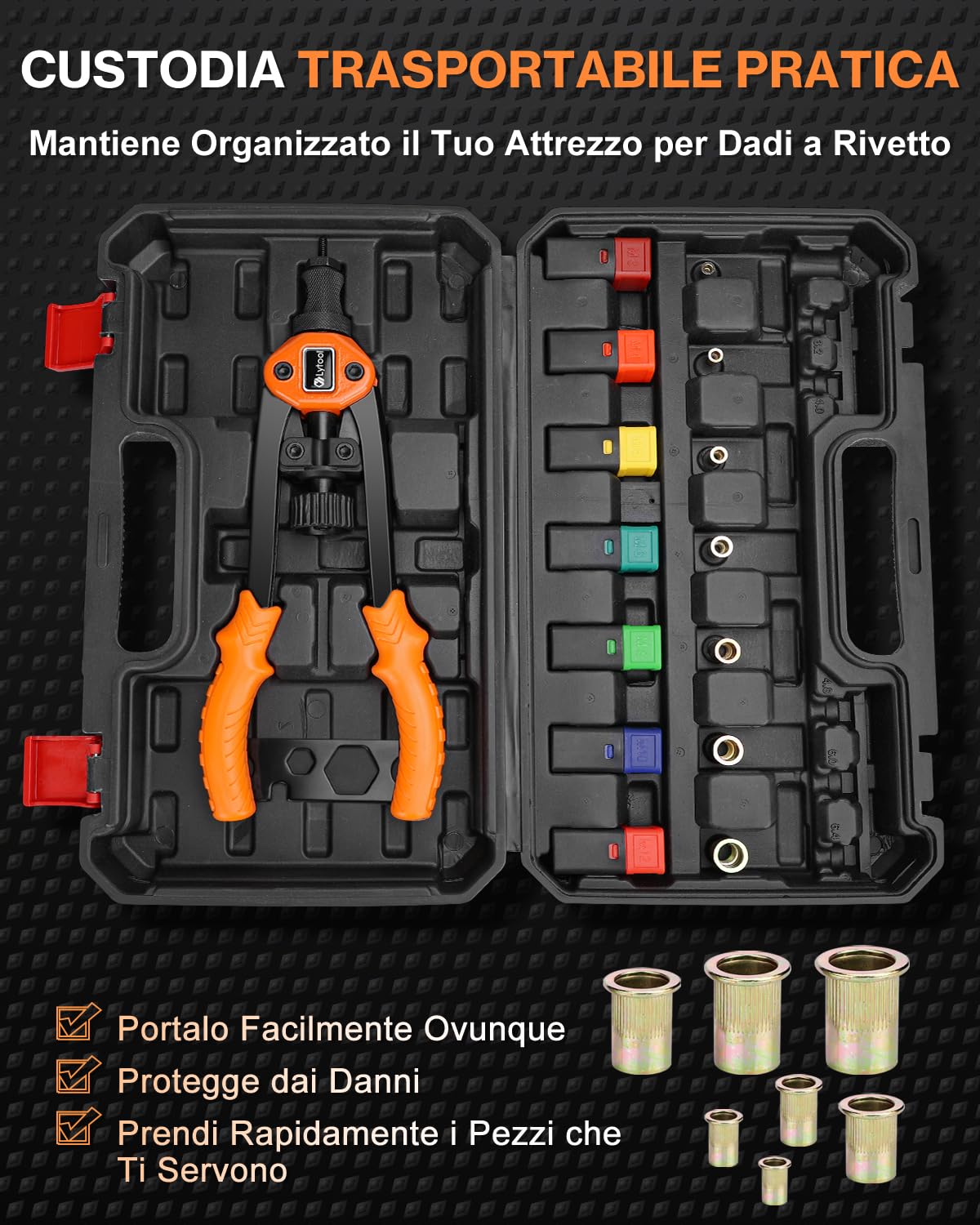 Lytool Pinza per Dadi Rivetto 13'', Kit Rivetti Filettati M3–M12, Set 70 Pezzi con 7 Mandrini, Utensile Professionale per Metallo, Carrozzeria, Officina