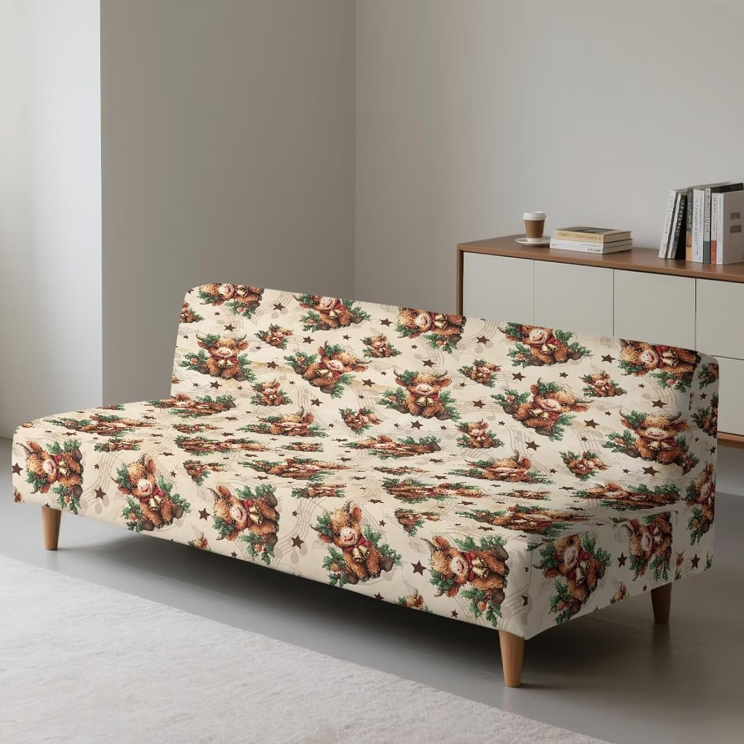 Christmas Highland Cow Holly Stars Print Beige Stretch Futon Slipcover Armless Sofa Cover Futon Mattress Covers Without Armrests Soft Sofa Bed Protector Covers with Elastic Bottom