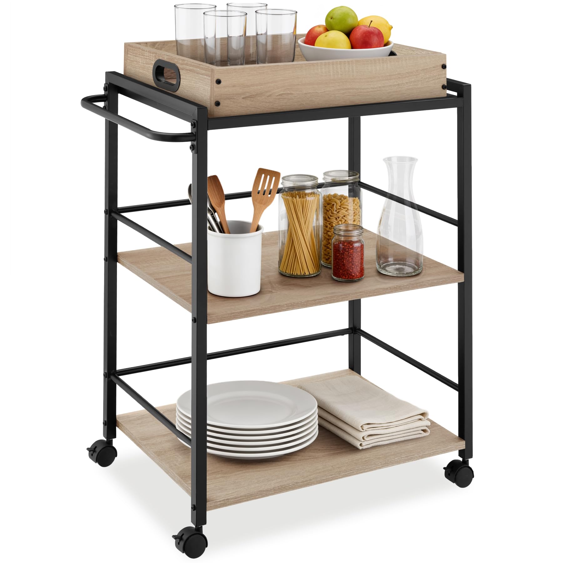tectake® Carrito de Cocina con 3 Estantes, Almacenaje y Organizador para Baño, Hogar y Cocina, Ruedas Giratorias con Freno - 65 x 41,5 x 87 cm Madera Industrial Clara, Roble Sonoma
